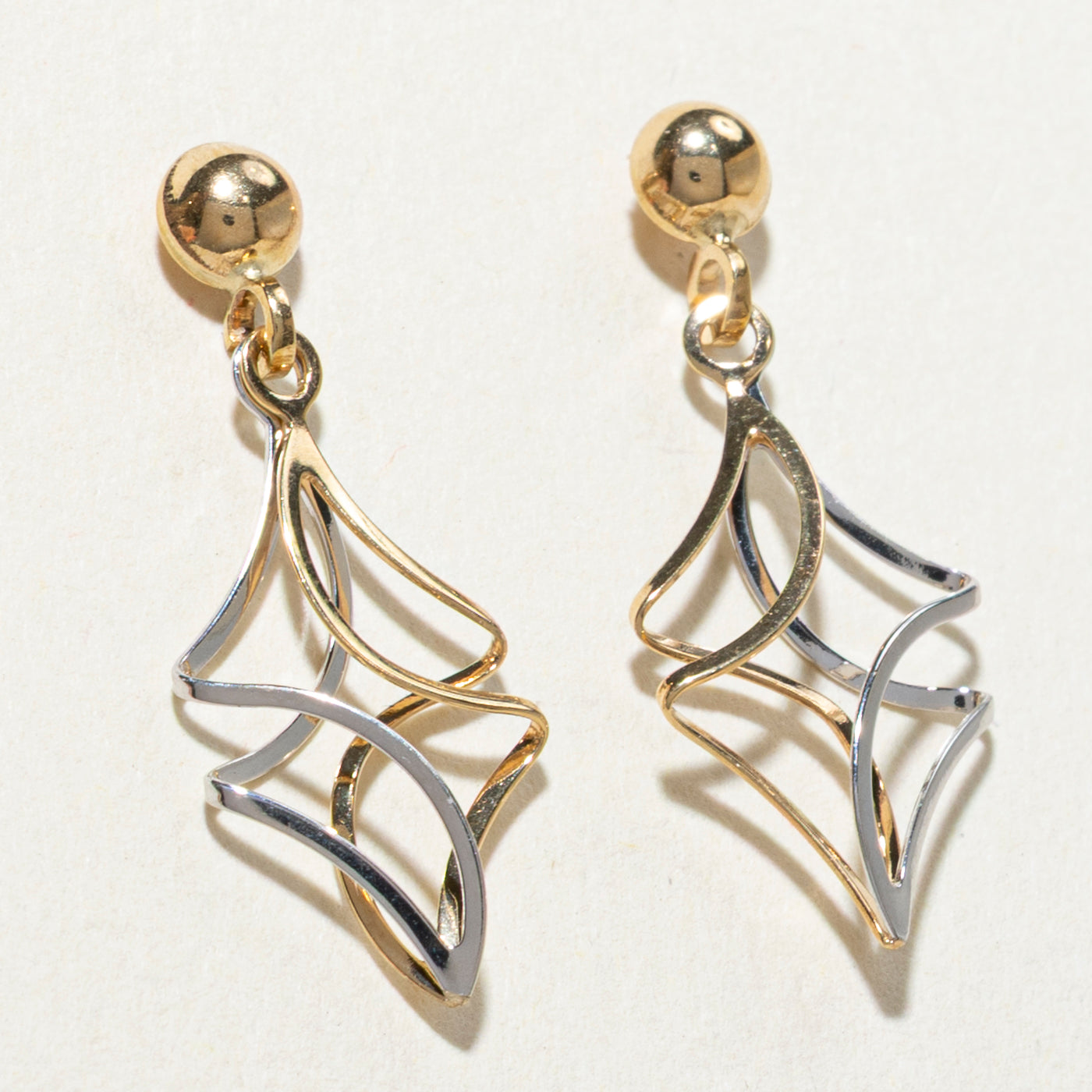 14k Two Tone Gold Twisted Drop Earrings