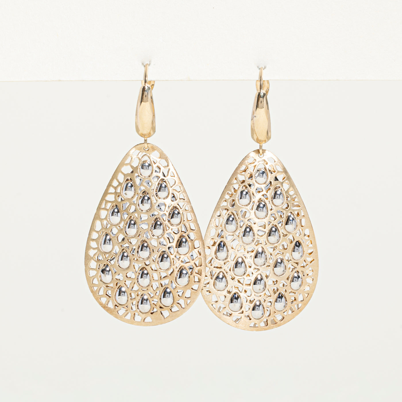 14k Two Tone Gold Openwork Pear Drop Earrings