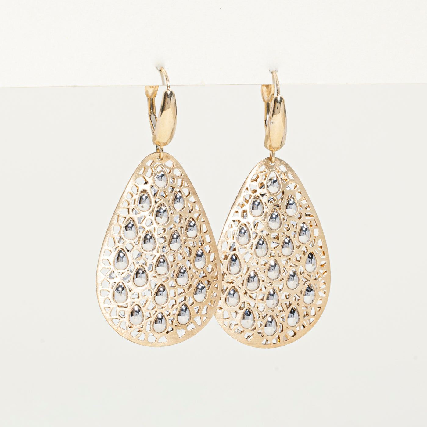 14k Two Tone Gold Openwork Pear Drop Earrings