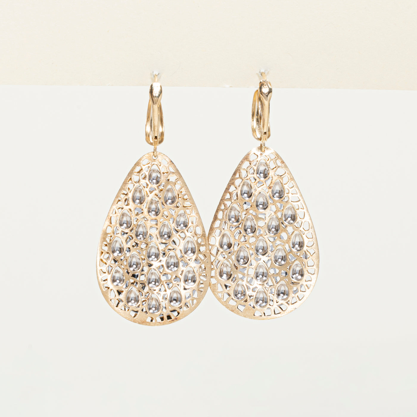14k Two Tone Gold Openwork Pear Drop Earrings