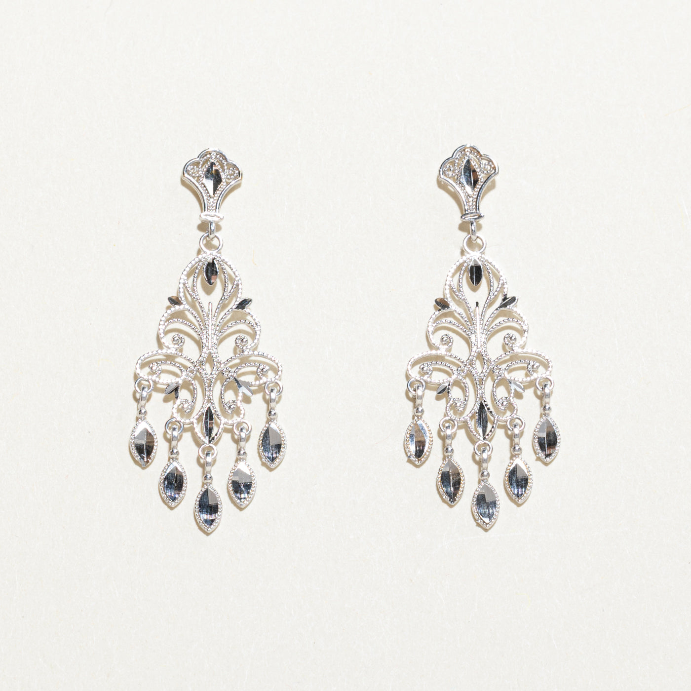 14k White Gold Ornate Chandelier Earrings