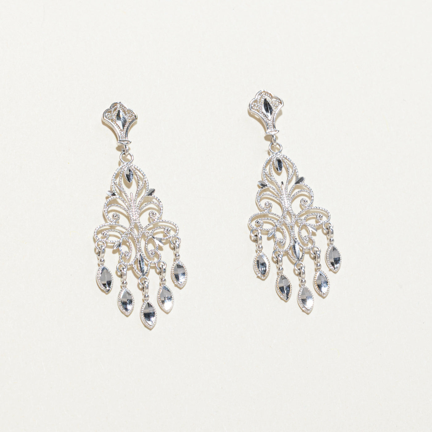 14k White Gold Ornate Chandelier Earrings