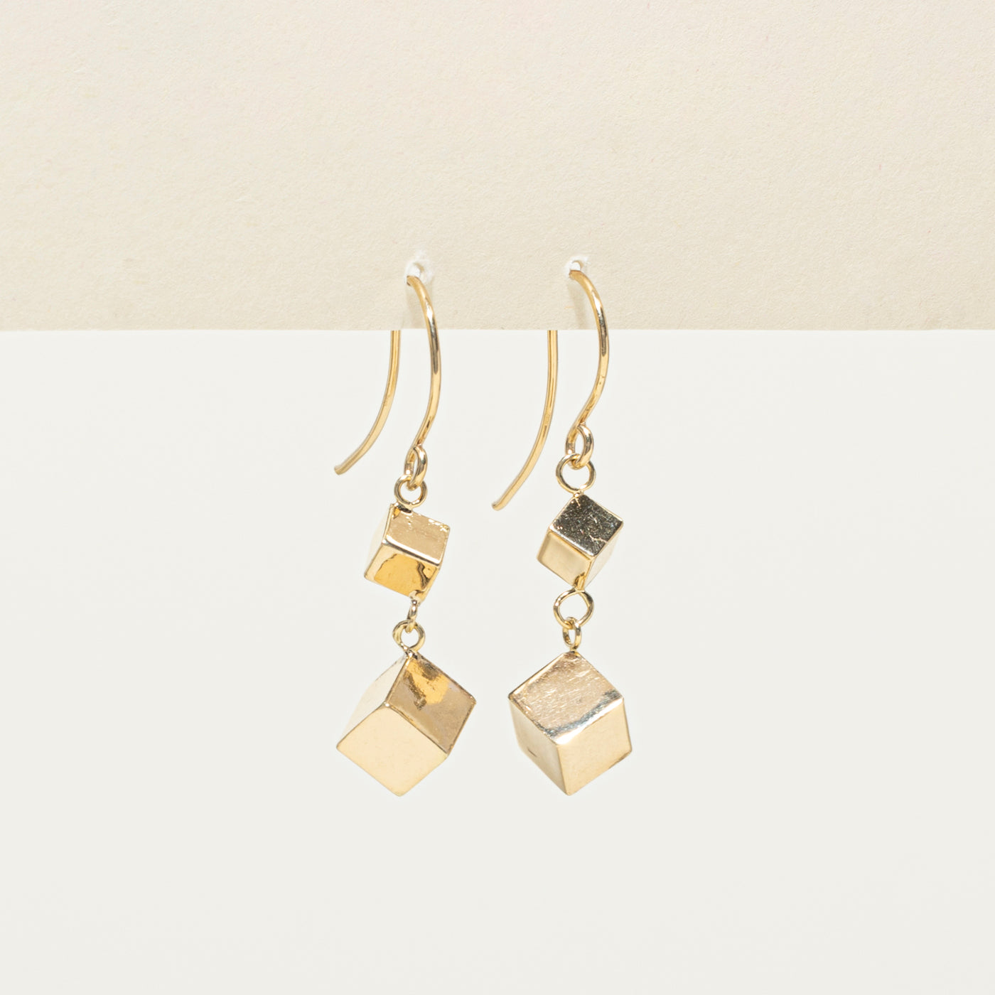 14k Yellow Gold Shiny Cube Drop Earrings
