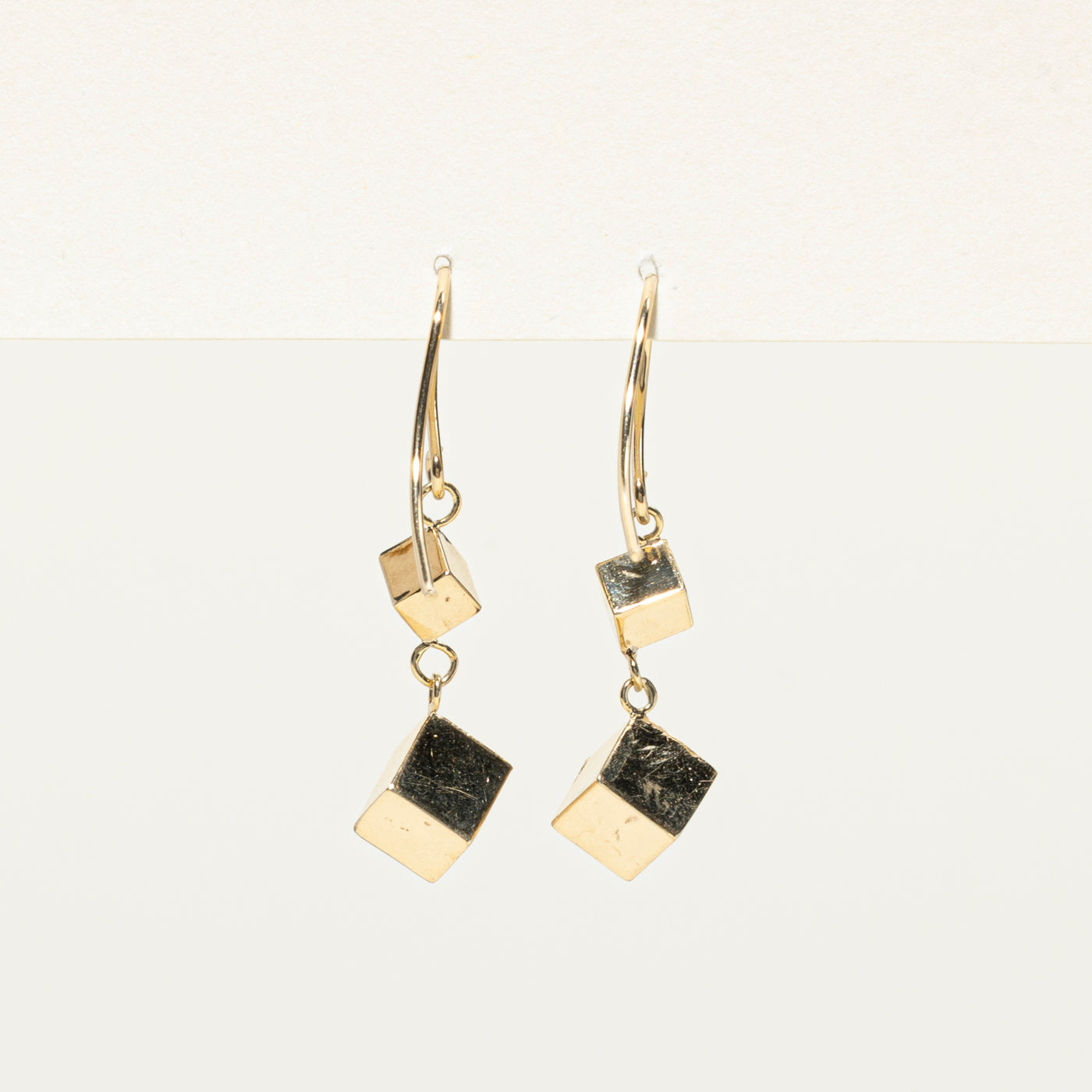 14k Yellow Gold Shiny Cube Drop Earrings