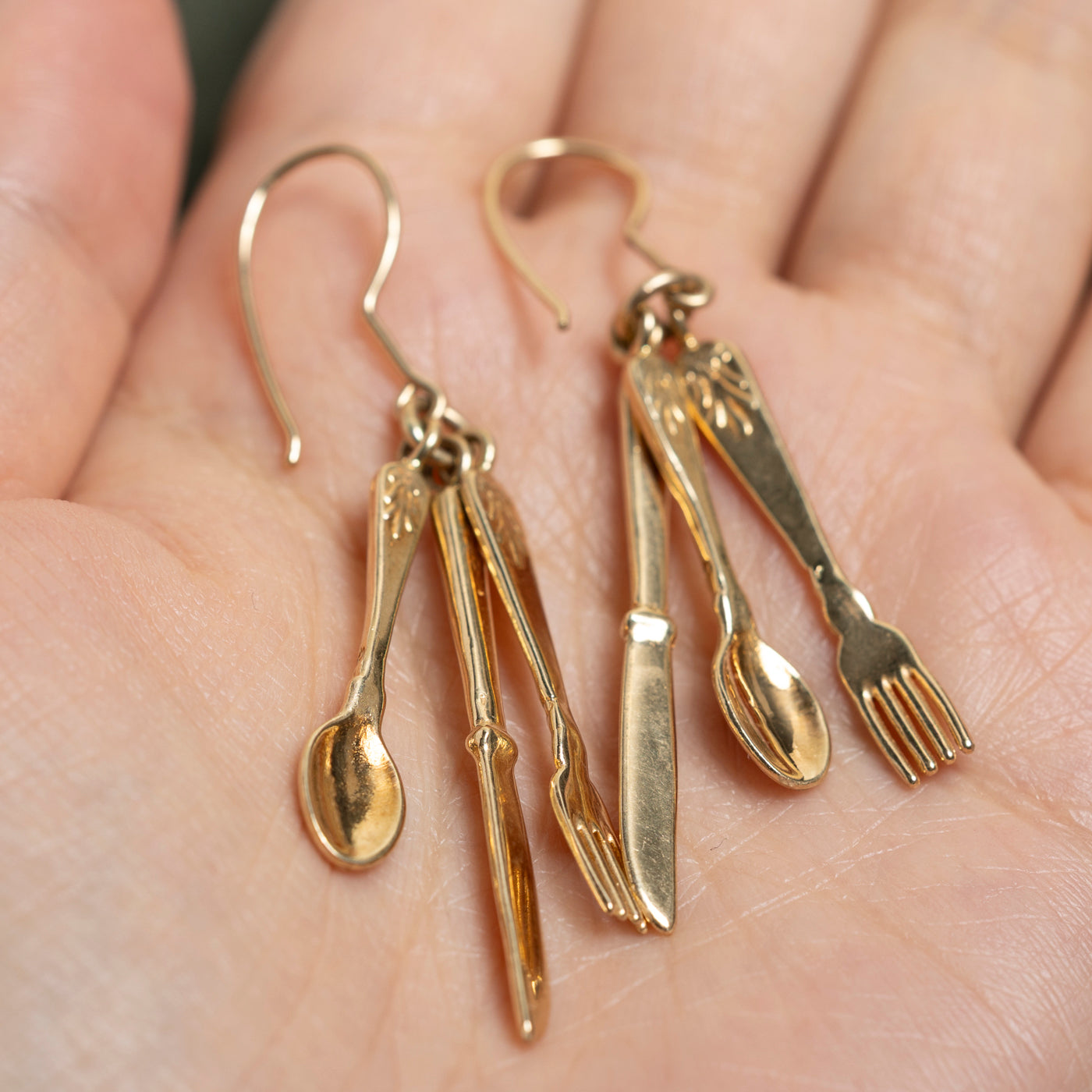 14k Yellow Gold Utensils Drop Earrings