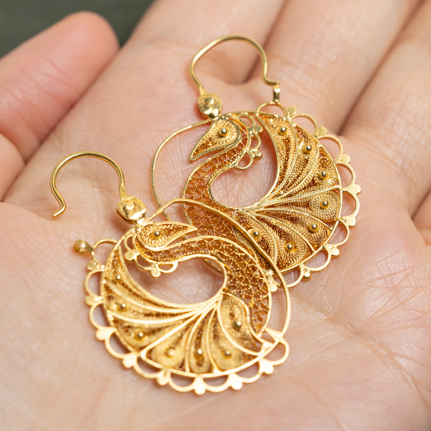 18k Yellow Gold Filigree Pheasant Drop Earrings