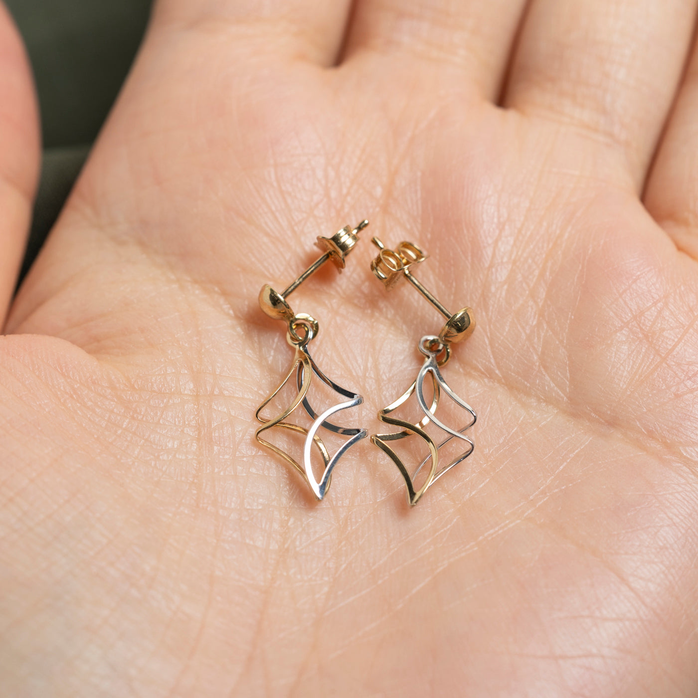 14k Two Tone Gold Twisted Drop Earrings