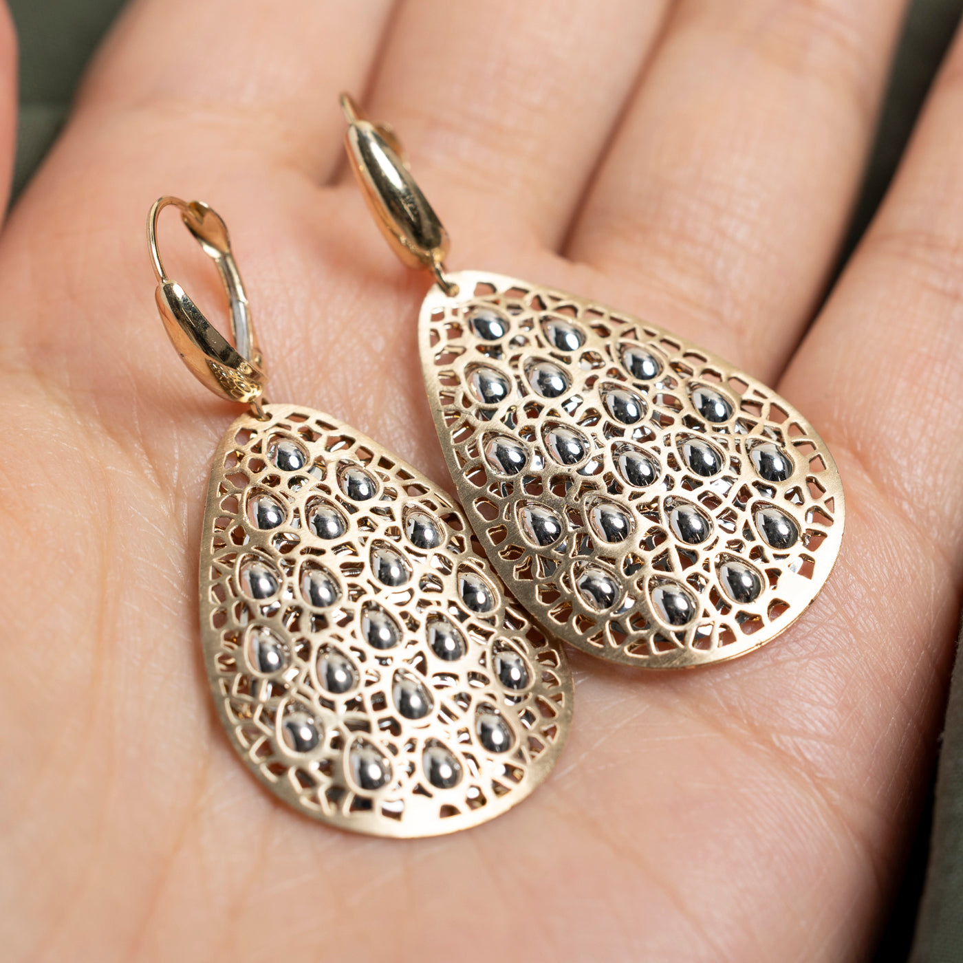 14k Two Tone Gold Openwork Pear Drop Earrings
