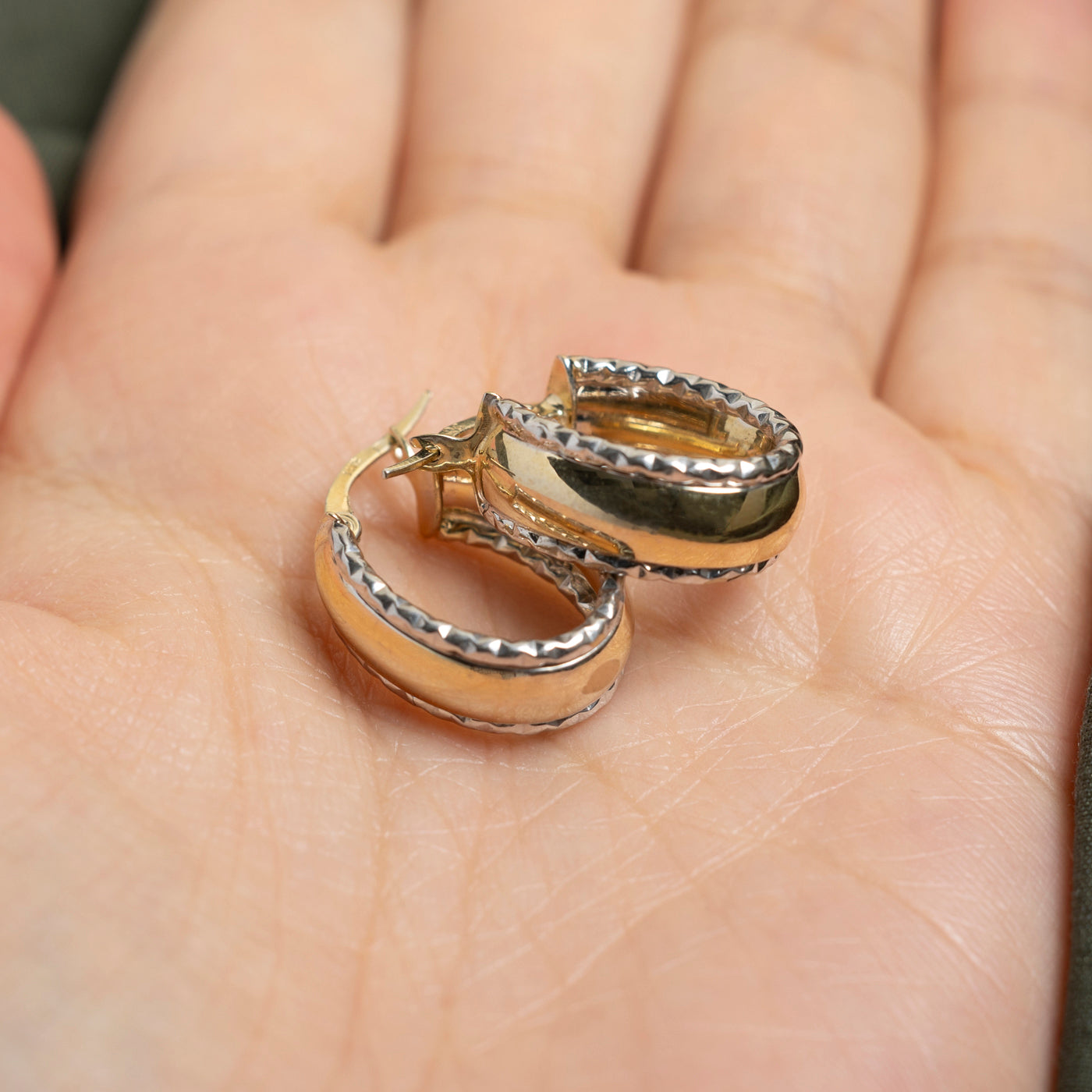 14k Two Tone Gold Textured Hoop Earrings