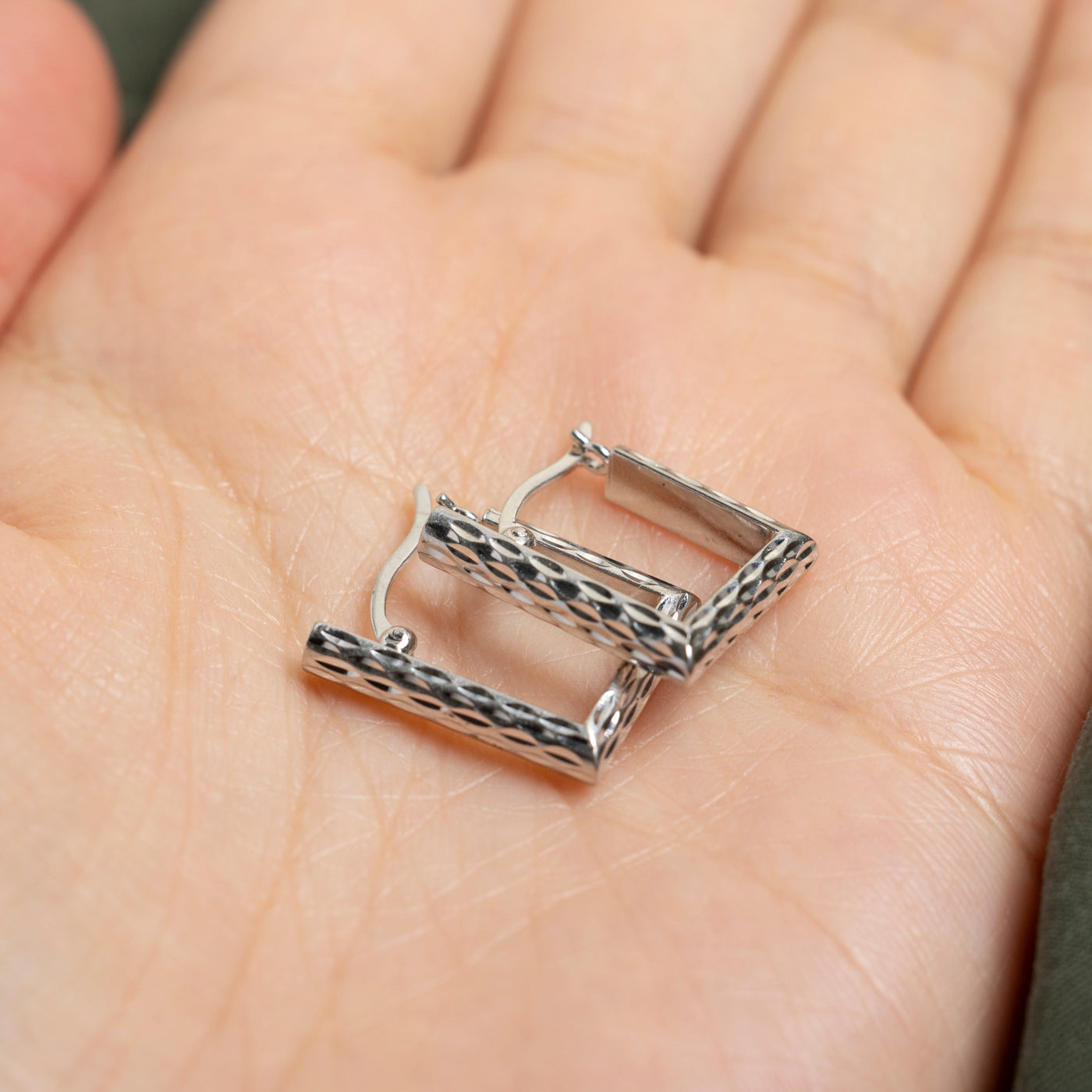 10k White Gold Diamond Cut Square Hoop Earrings