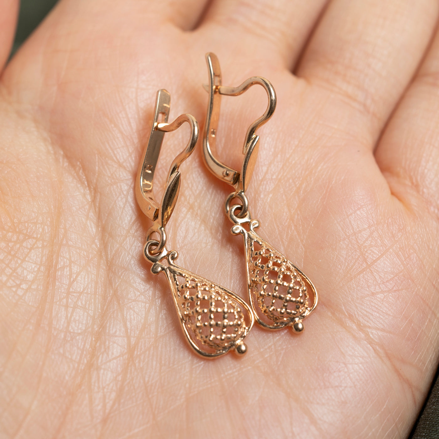 1987 Kiev 14k Rose Gold Openwork Drop Earrings