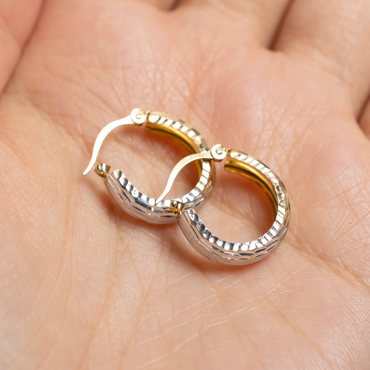 14k Two Tone Gold Textured Hoop Earrings