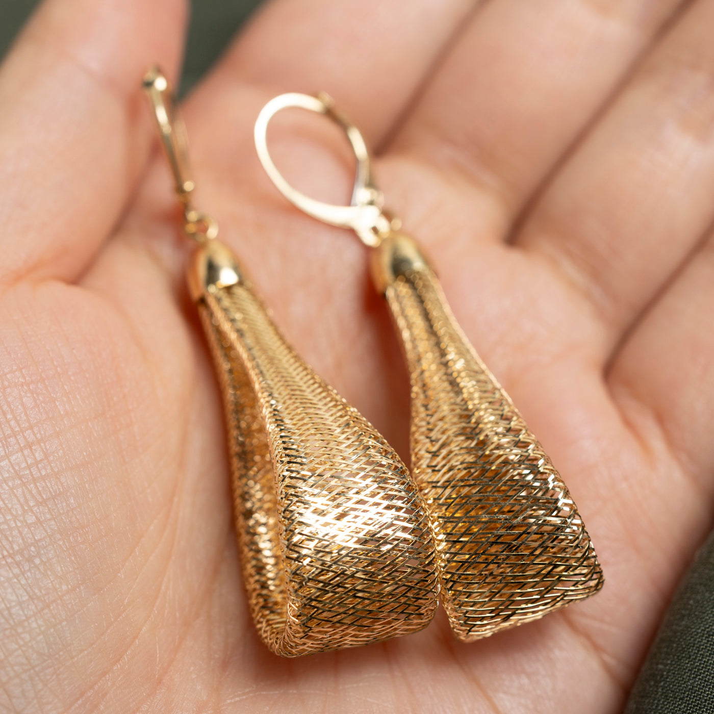 18k Yellow Gold Bendy Mesh Drop Earrings