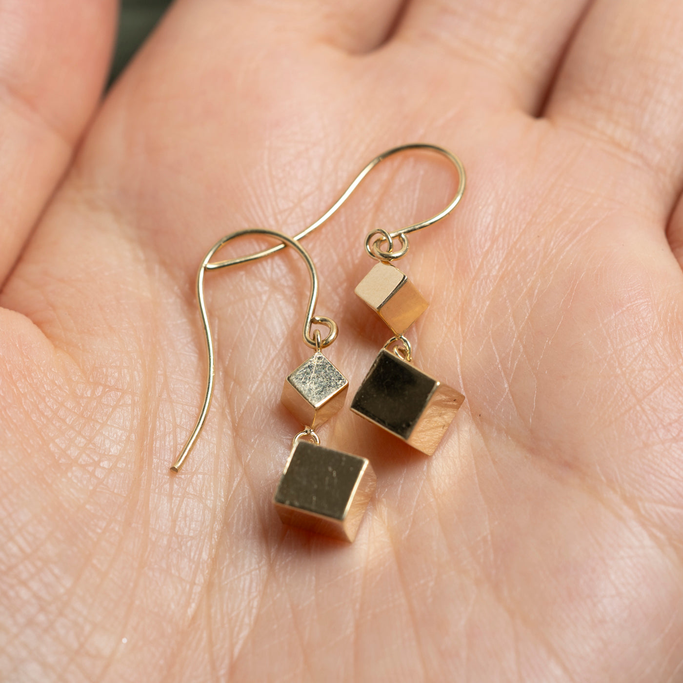 14k Yellow Gold Shiny Cube Drop Earrings