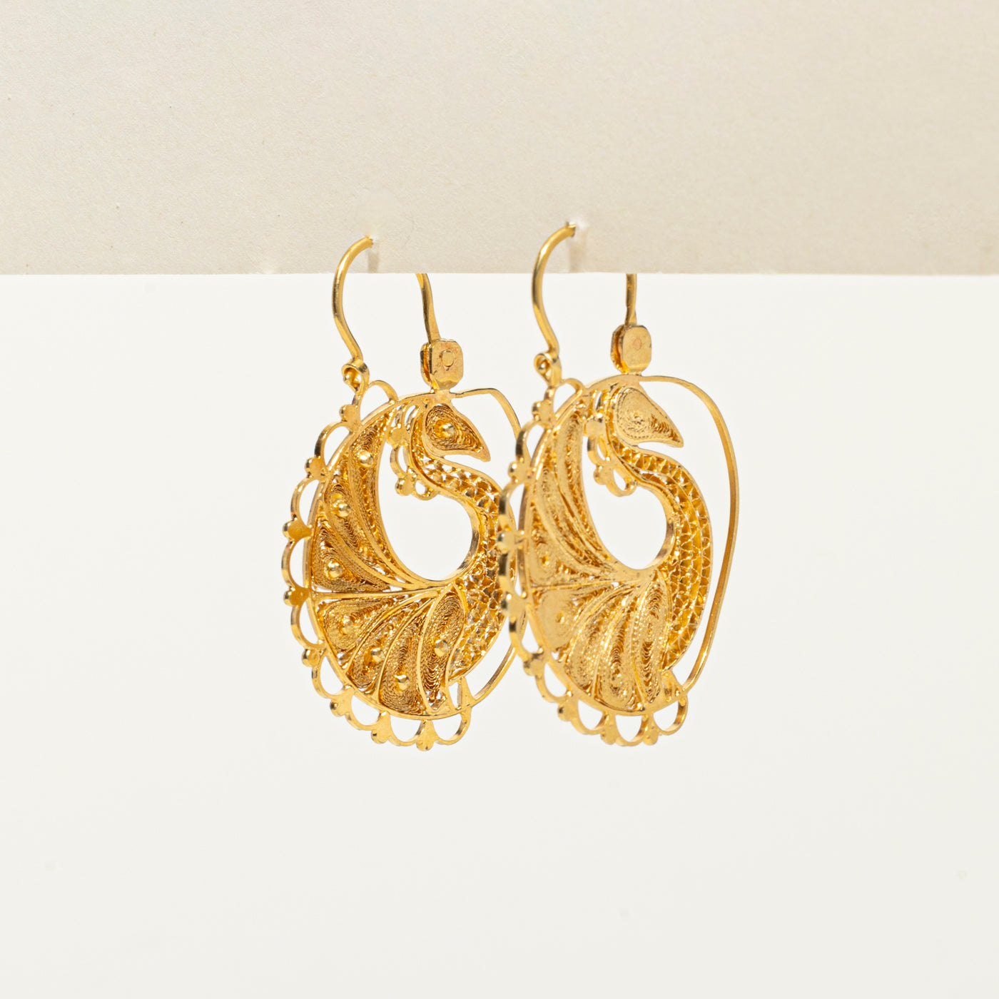 18k Yellow Gold Filigree Pheasant Drop Earrings