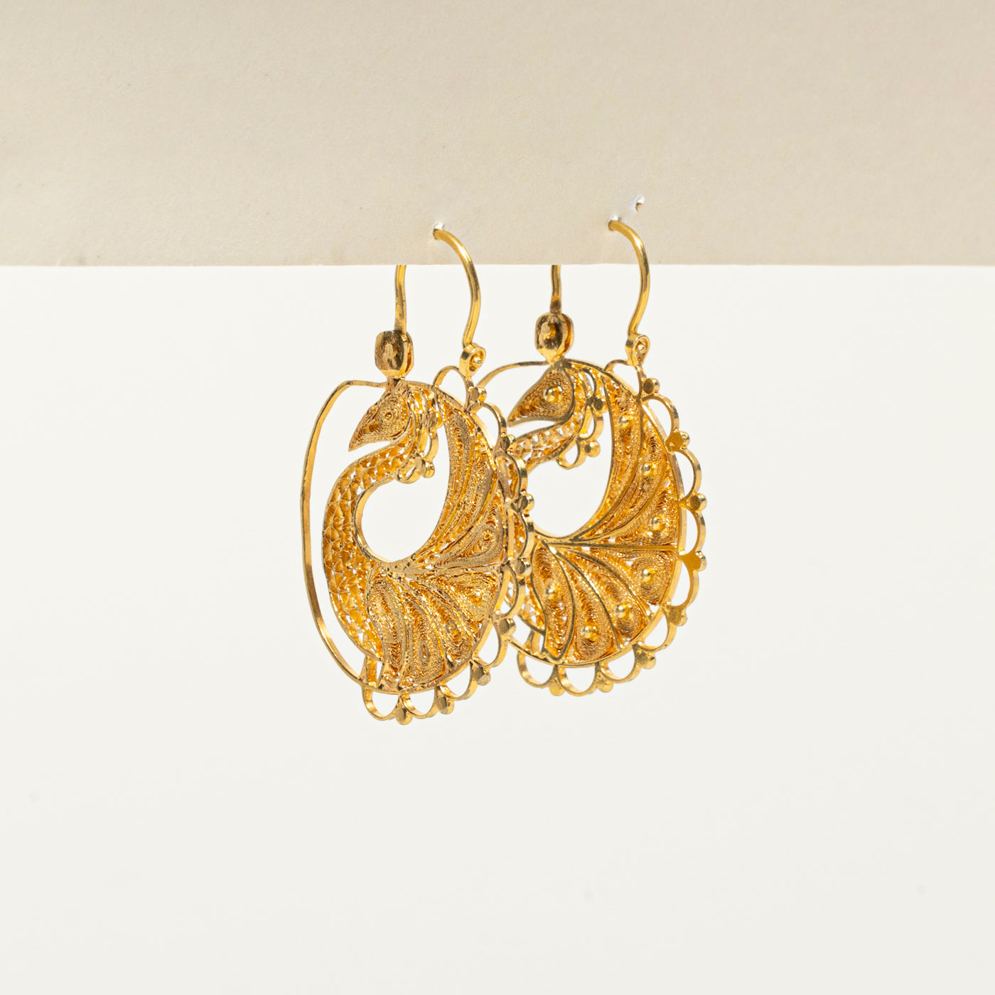 18k Yellow Gold Filigree Pheasant Drop Earrings