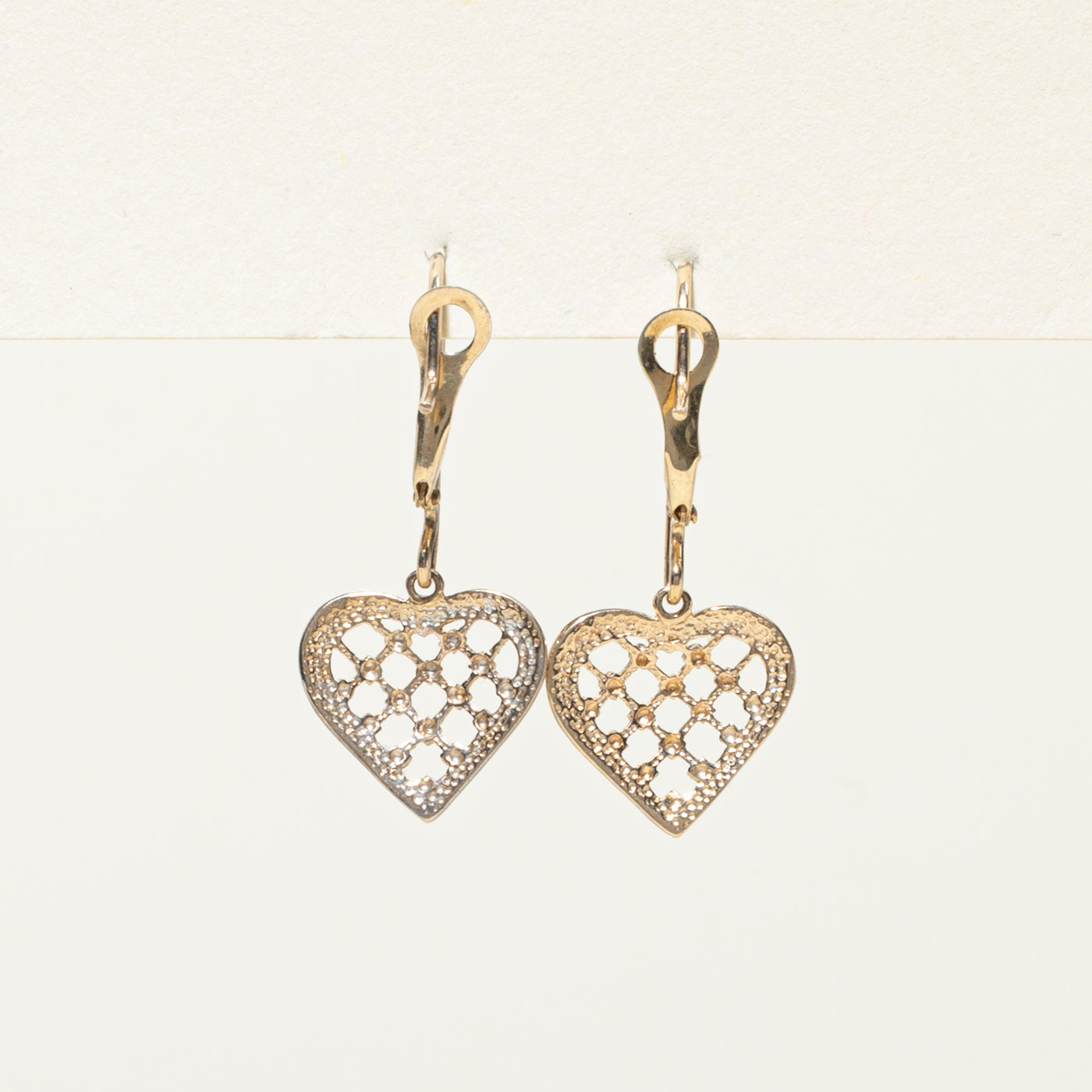 10k Two Tone Gold Textured Heart Drop Earrings
