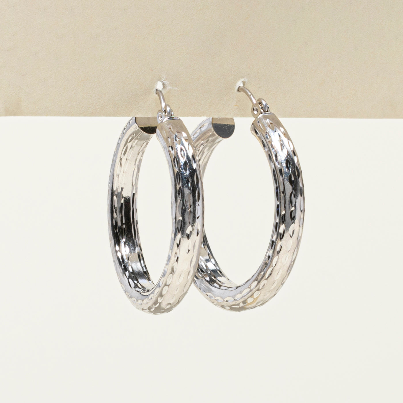 14k White Gold Textured Hoop Earrings