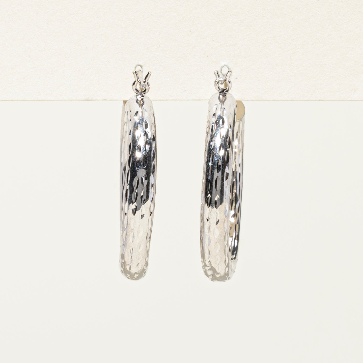 14k White Gold Textured Hoop Earrings