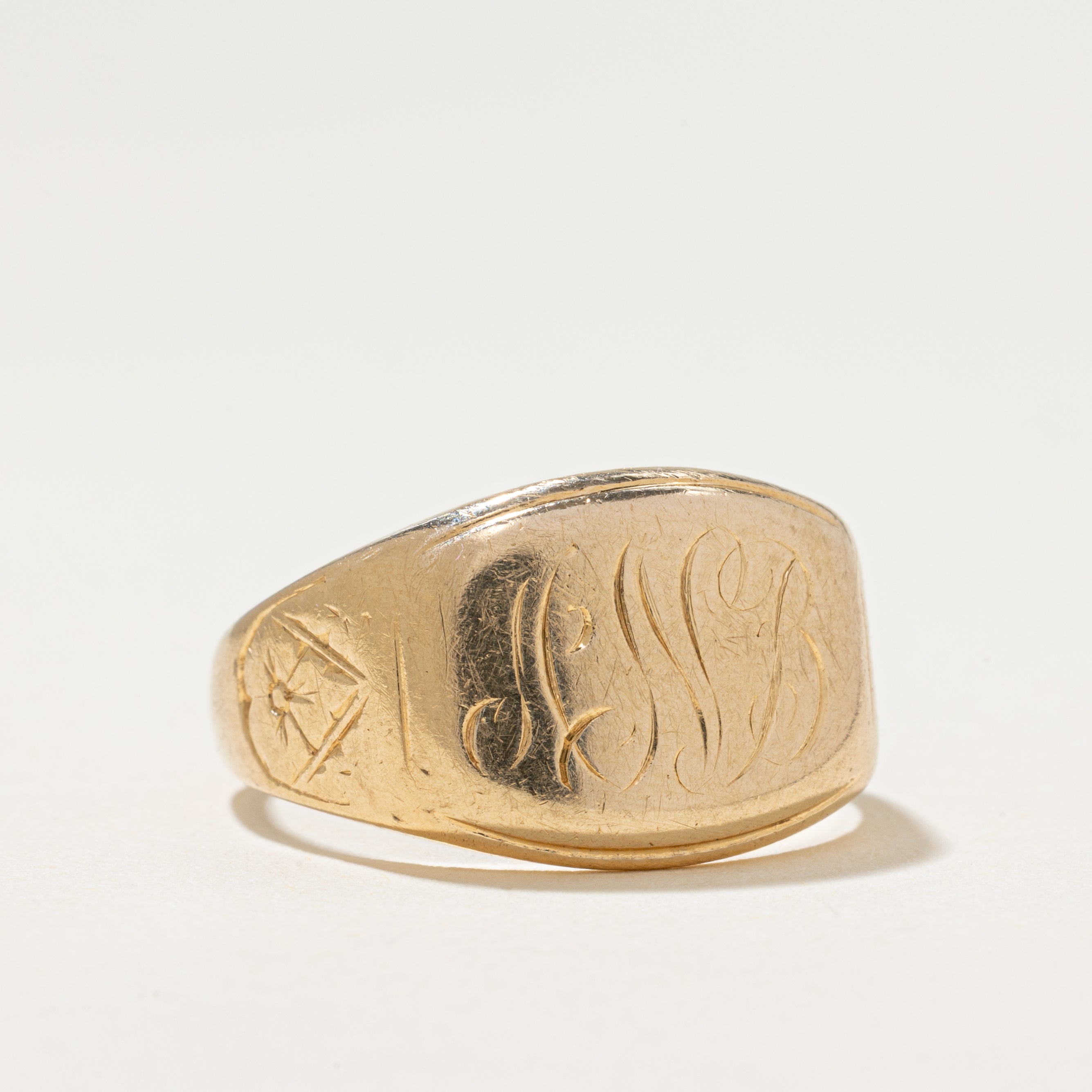 'Birks' 10k Yellow Gold Engraved Floral Signet Ring | SZ 10