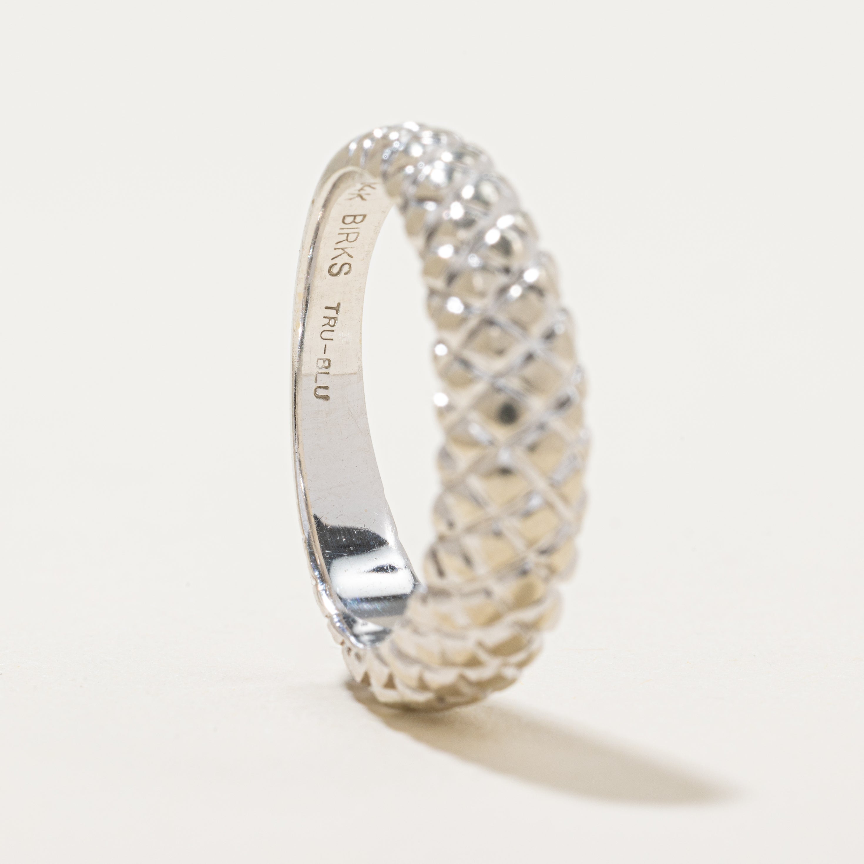 'Birks' 14k White Gold Cross Hatch Textured Dome Ring | SZ 6.5