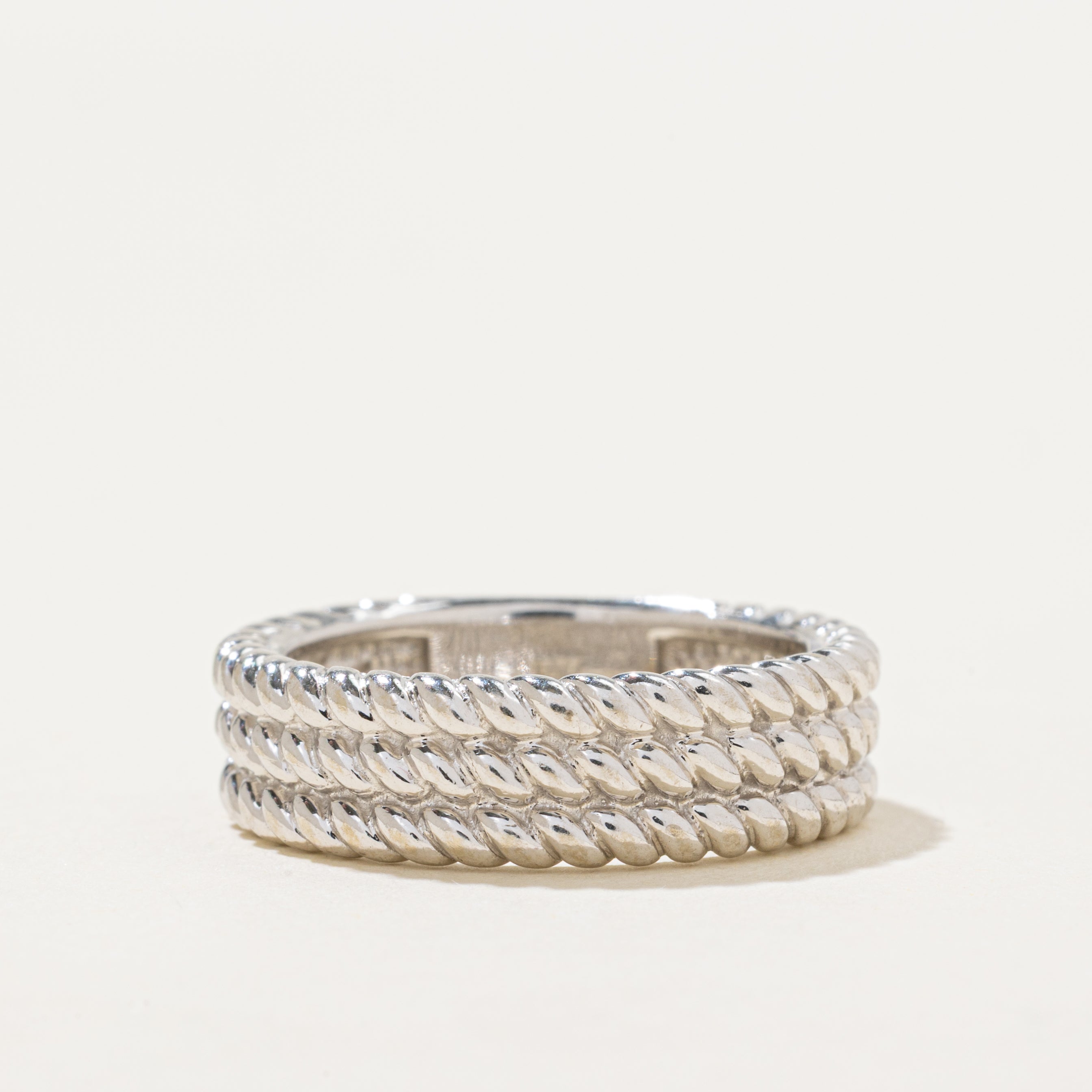 'Birks' 14k White Gold Layered Rope Textured Band | 6mm | SZ 7