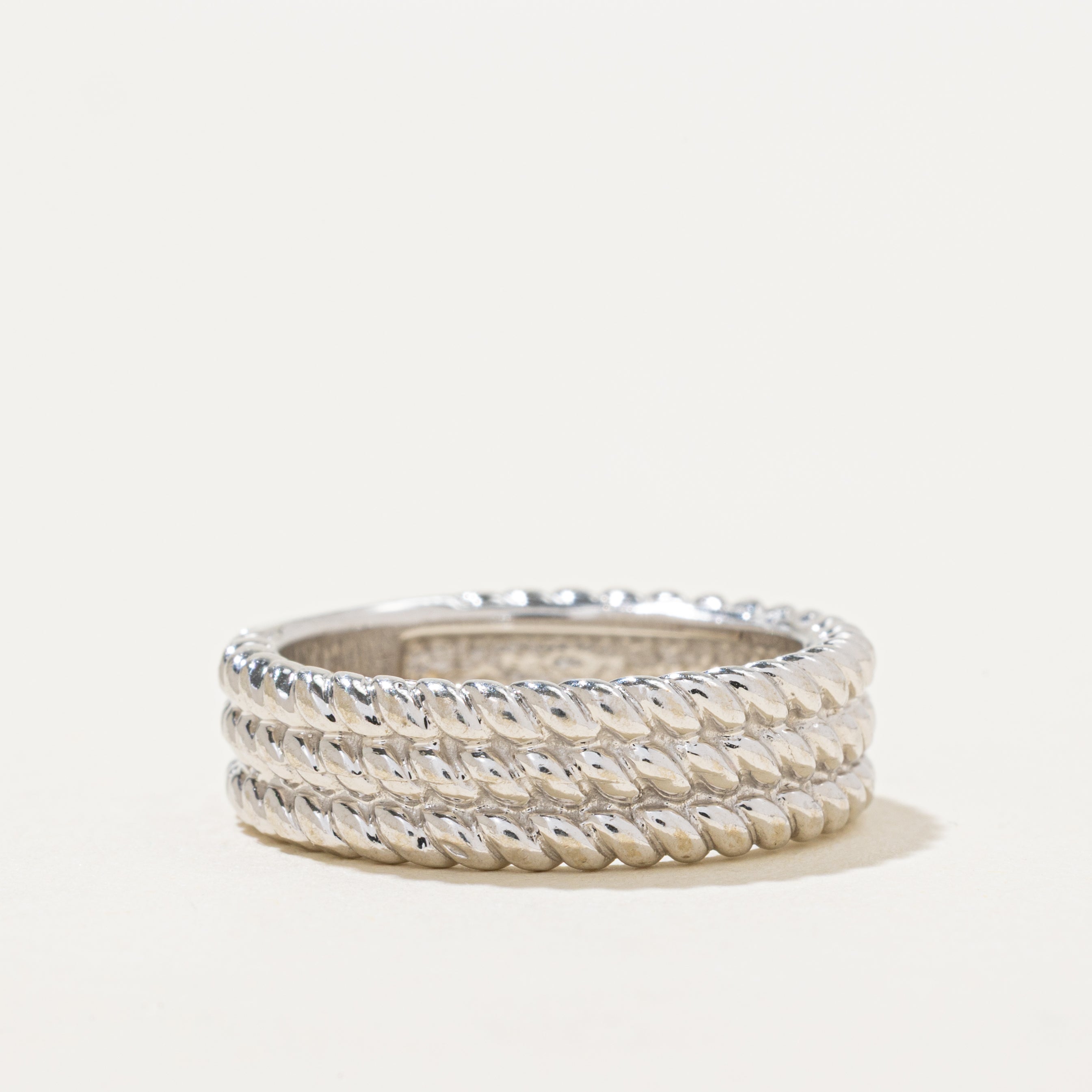 'Birks' 14k White Gold Layered Rope Textured Band | 6mm | SZ 7