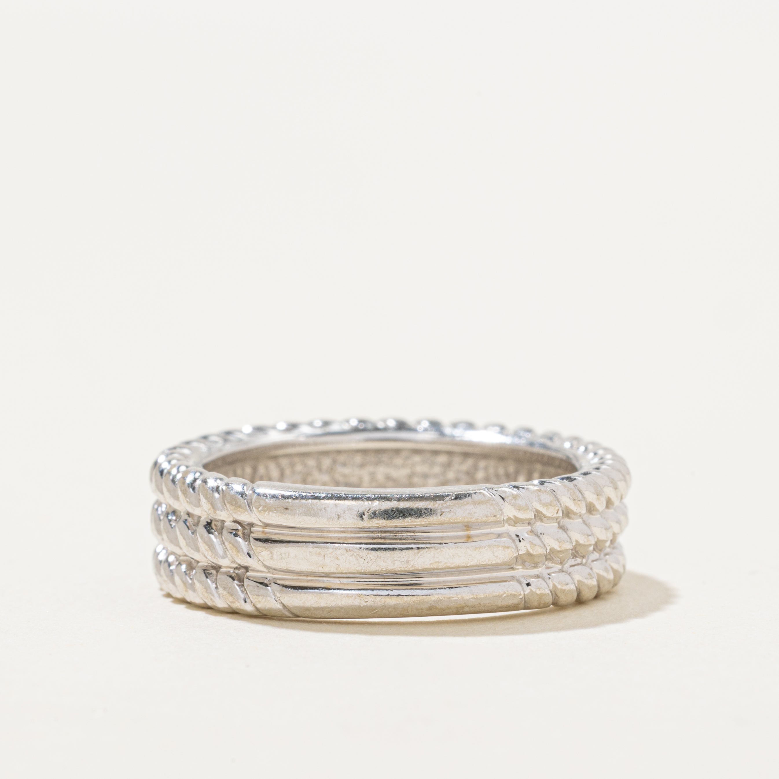 'Birks' 14k White Gold Layered Rope Textured Band | 6mm | SZ 7