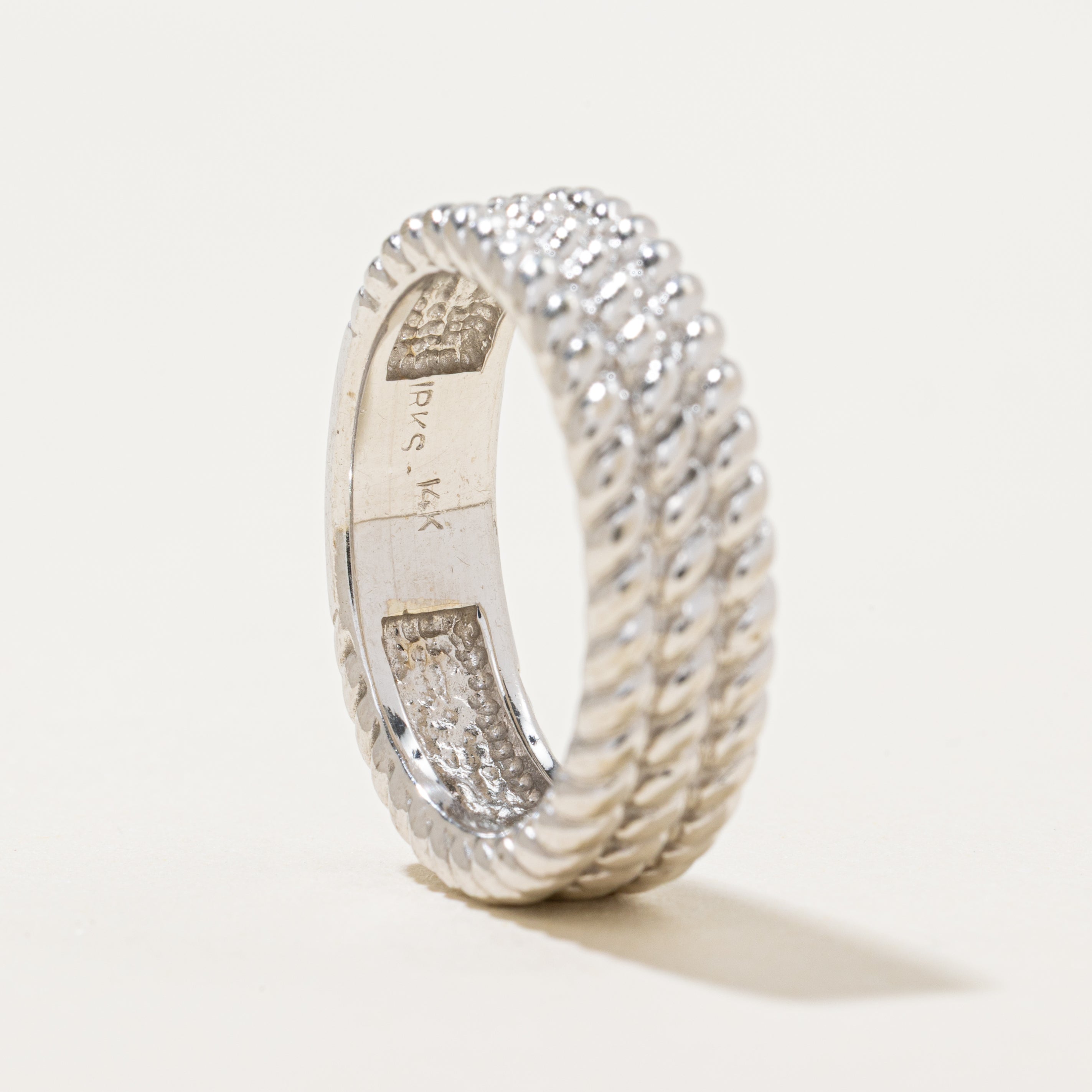 'Birks' 14k White Gold Layered Rope Textured Band | 6mm | SZ 7