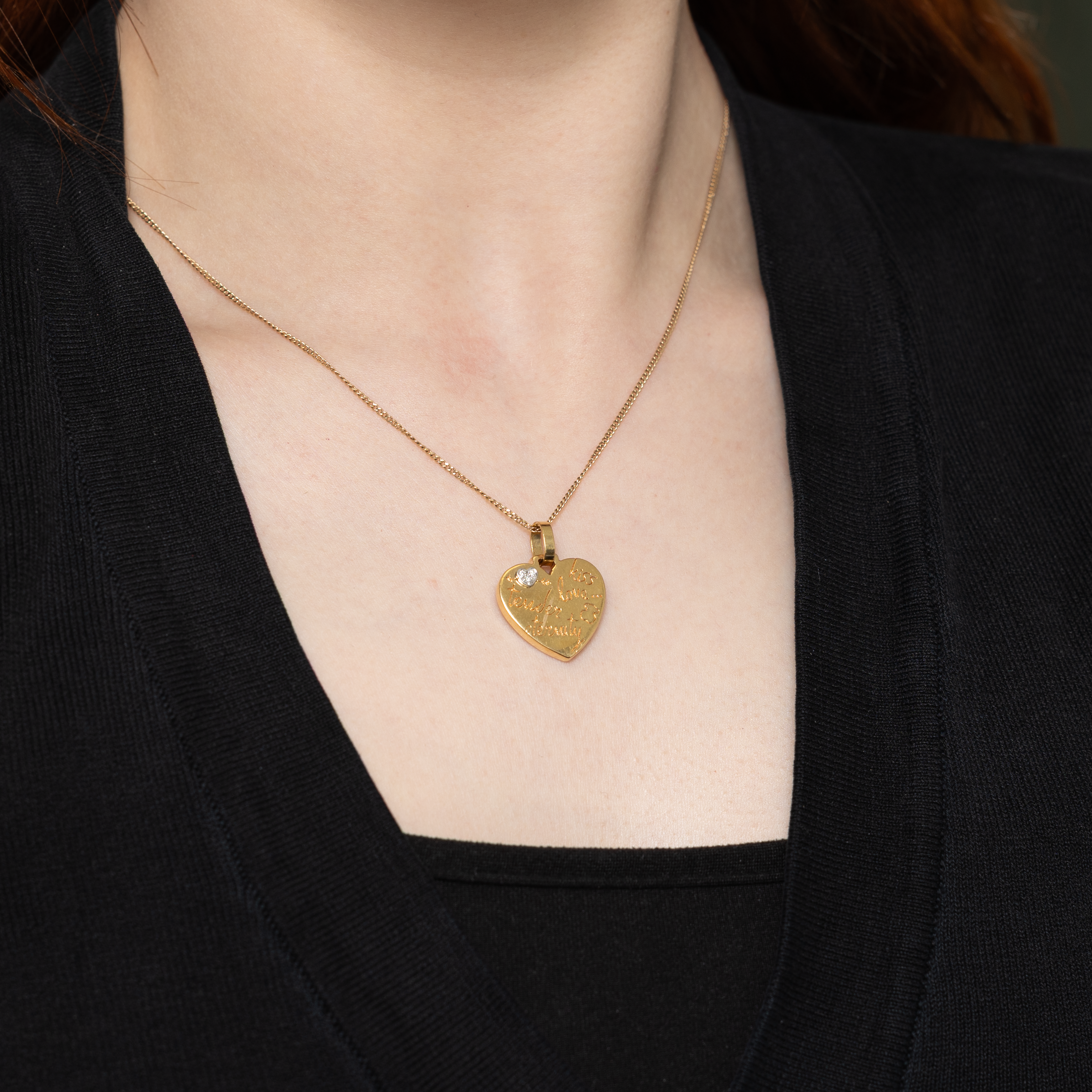 18k Yellow Gold "Kiss, Love, Tender Eternity" Heart Pendant