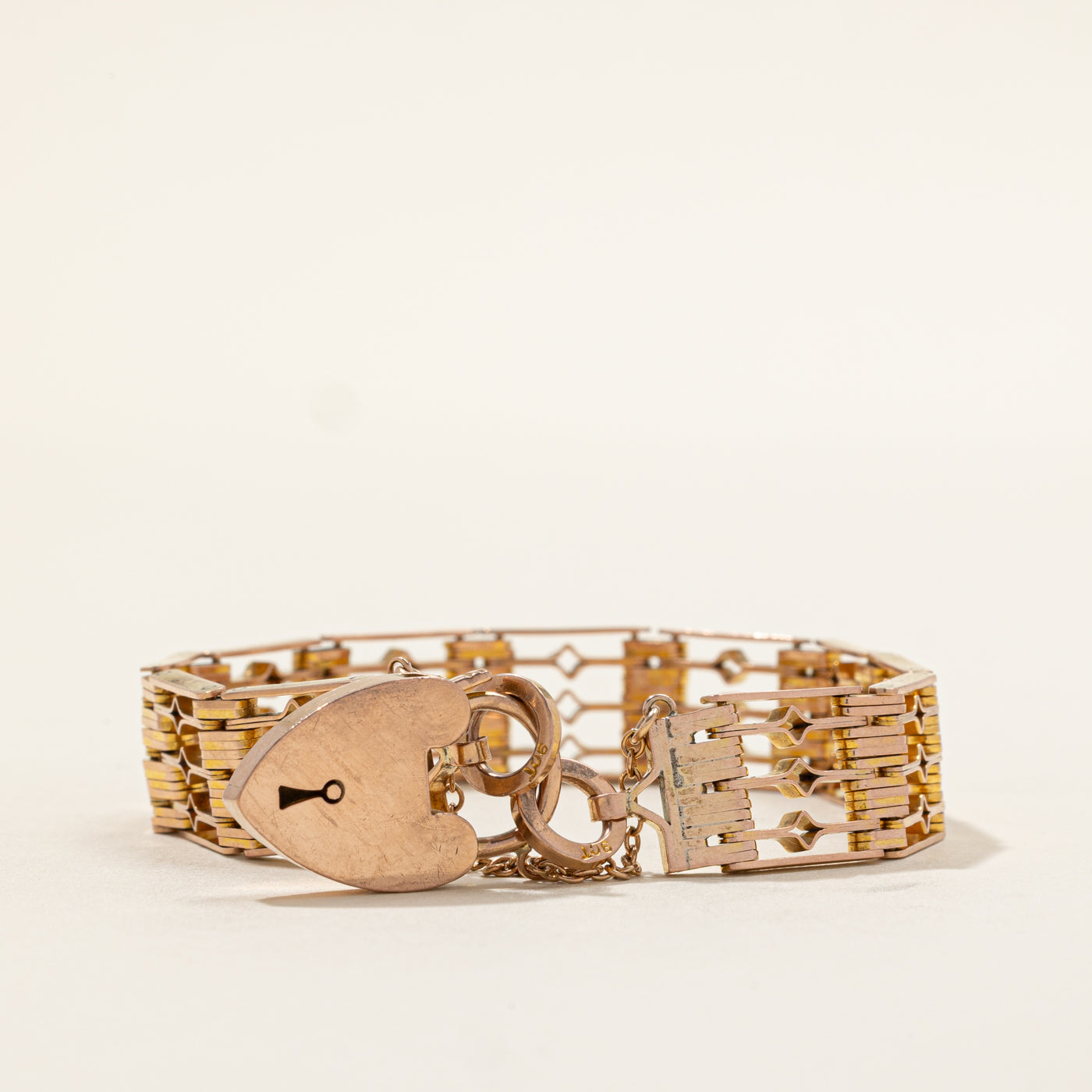 9k Rose Gold Heart Padlock Charm Bracelet | 7"