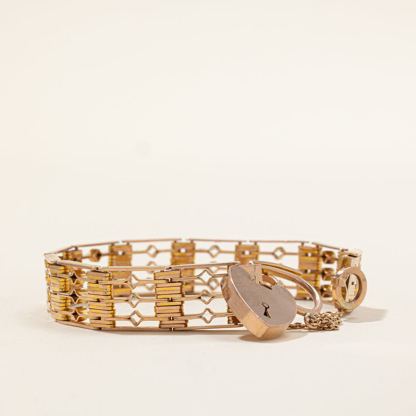 9k Rose Gold Heart Padlock Charm Bracelet | 7"