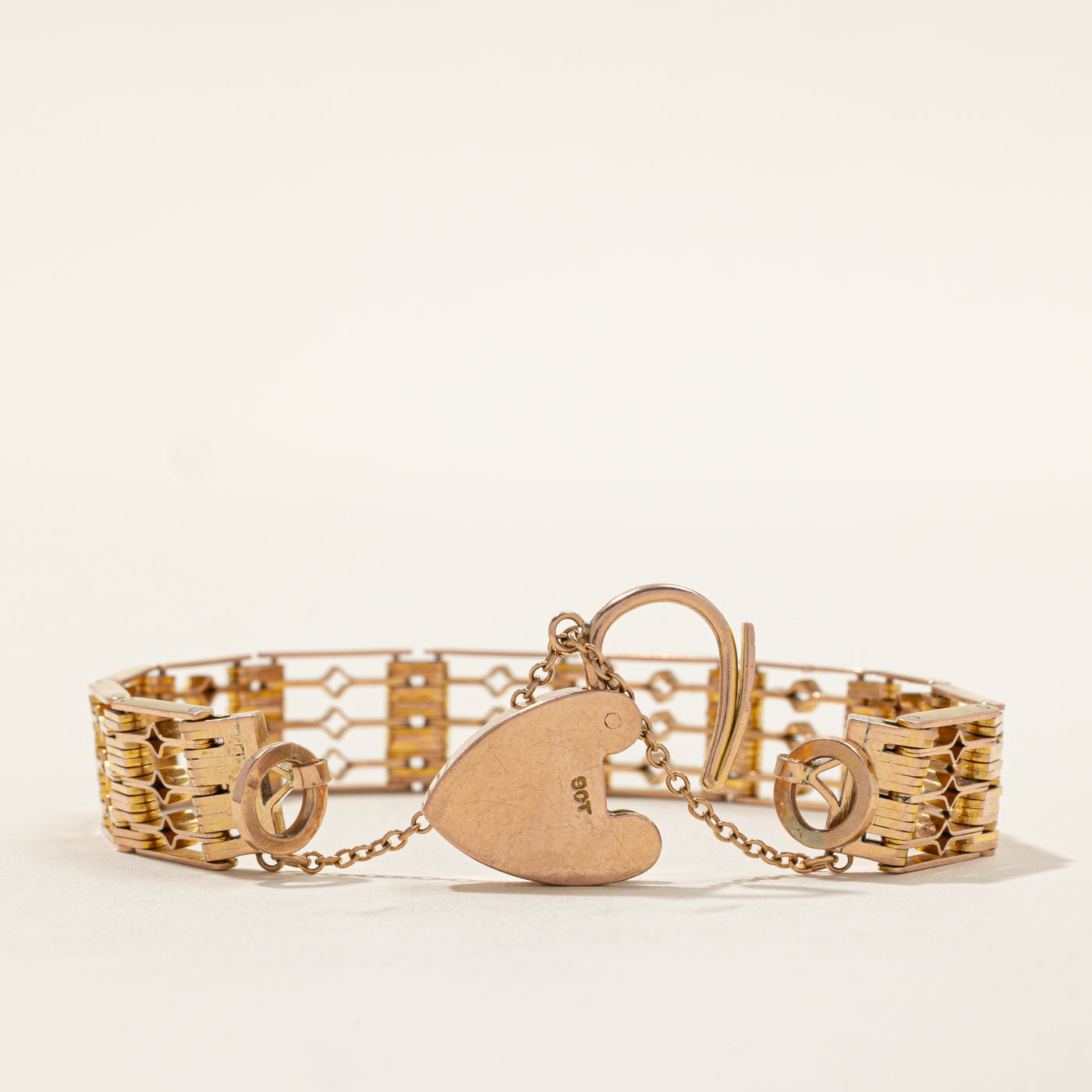 9k Rose Gold Heart Padlock Charm Bracelet | 7"
