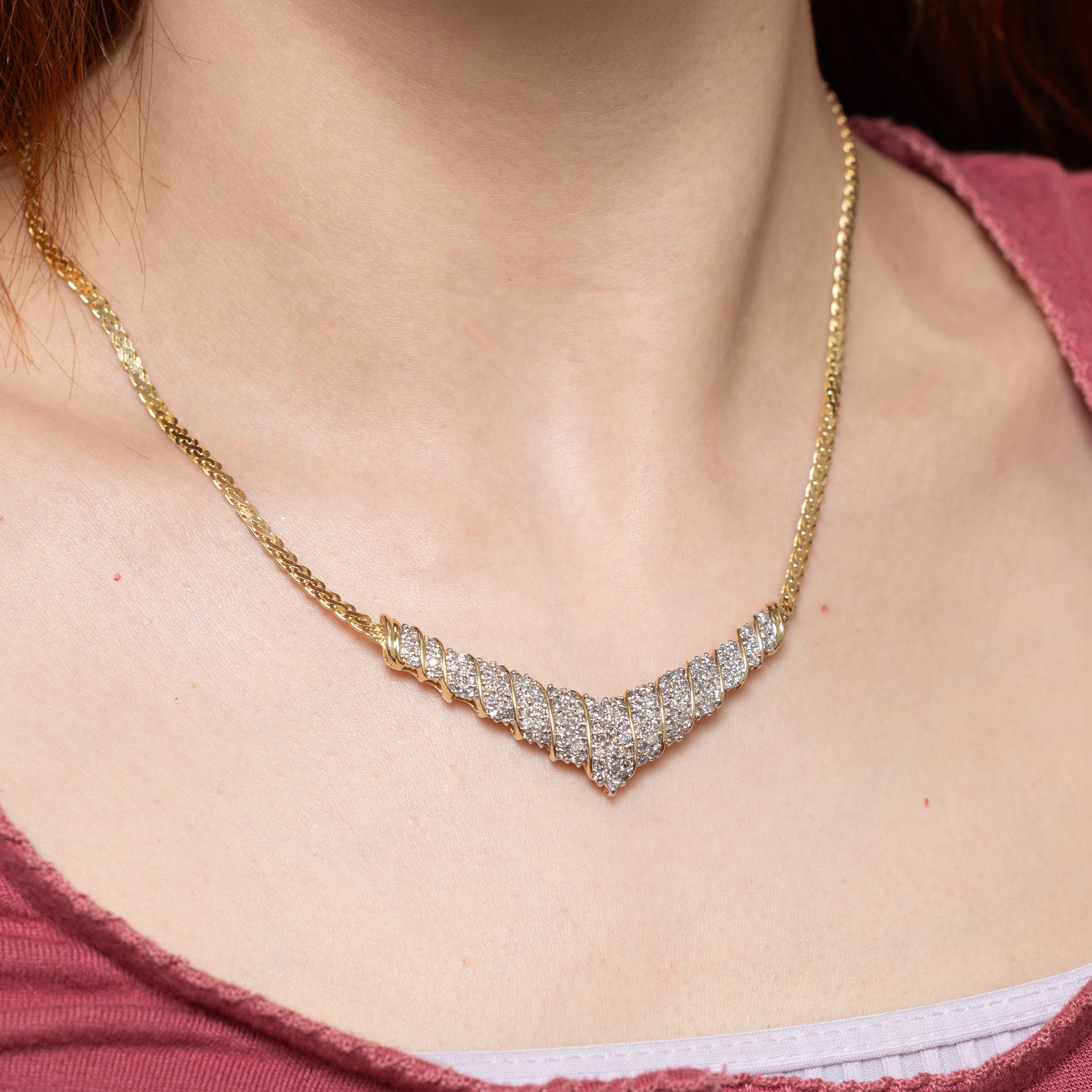 Yellow Gold Diamond Cluster Chevron Necklace | 1.70ctw | 17"