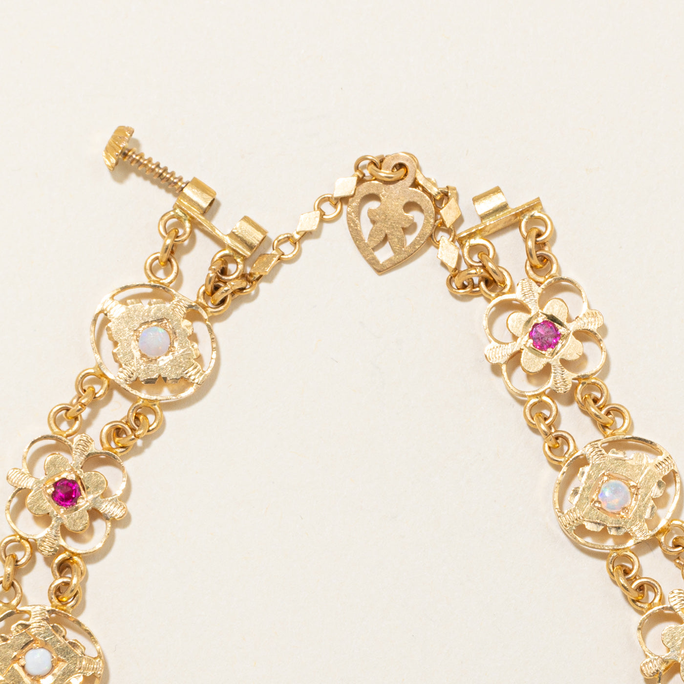20k Yellow Gold Synthetic Ruby & Opal Filigree Bracelet | 1.00ctw | 8" |