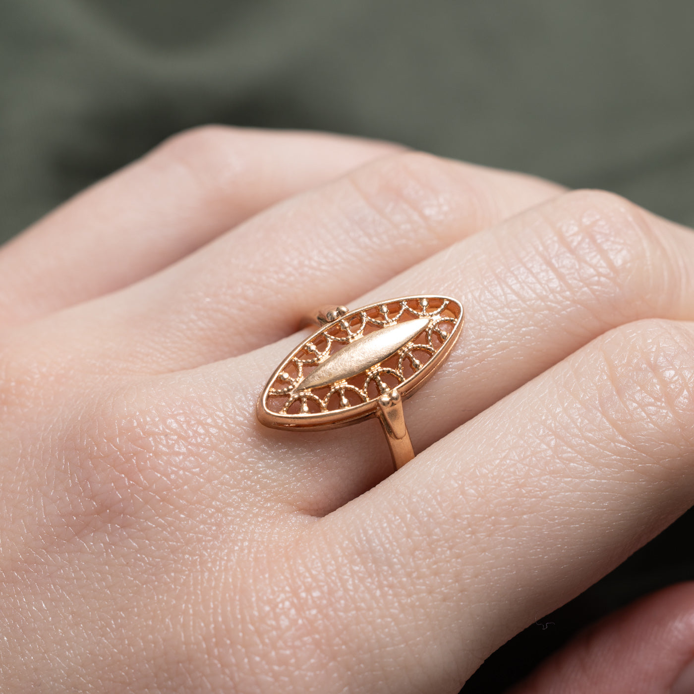 1992 Soviet Hallmarked 14k Ornate Openwork Marquise Shaped Ring | SZ 6.75