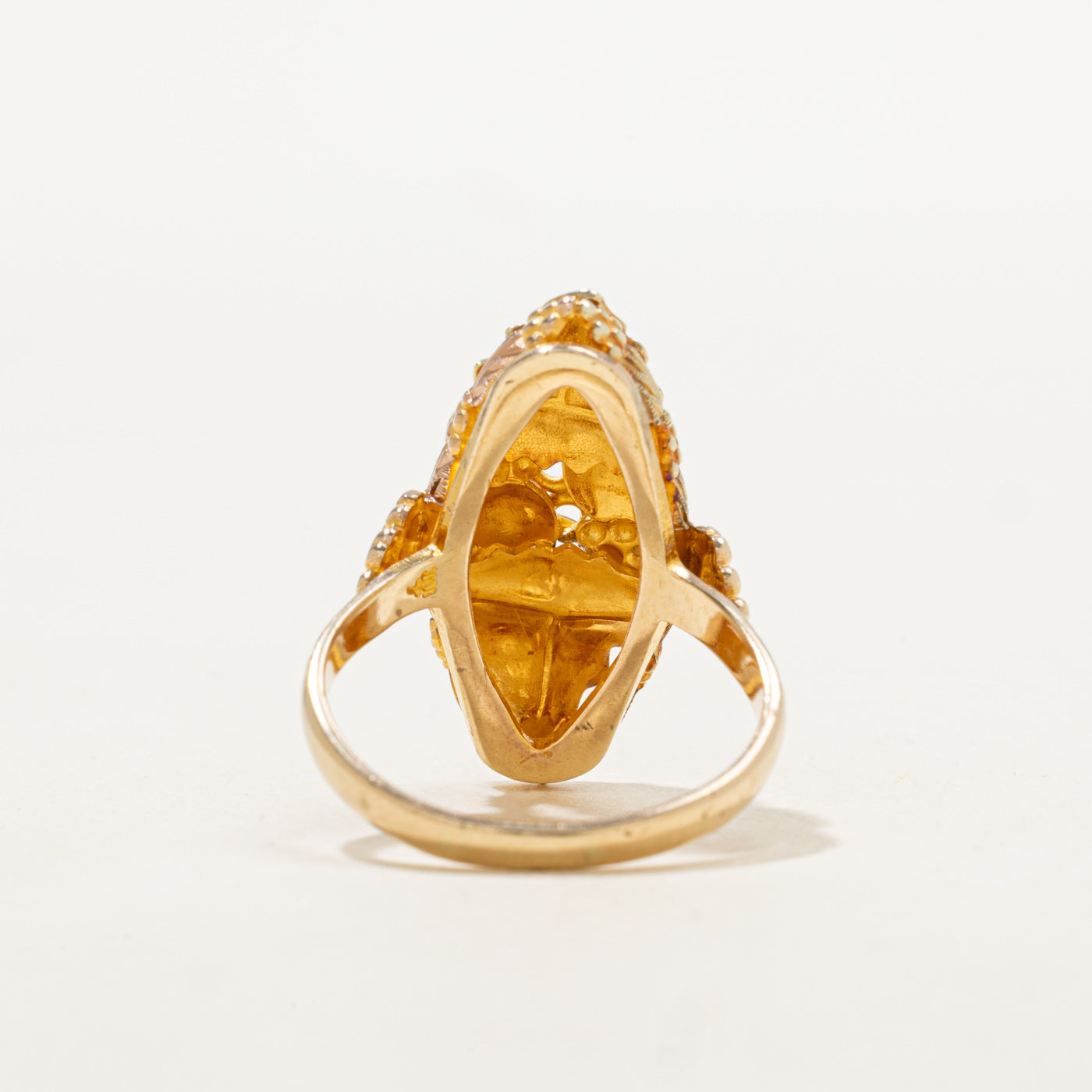 10K Tri Tone Gold Floral Engraved Marquise Shaped Ring | SZ 8.25