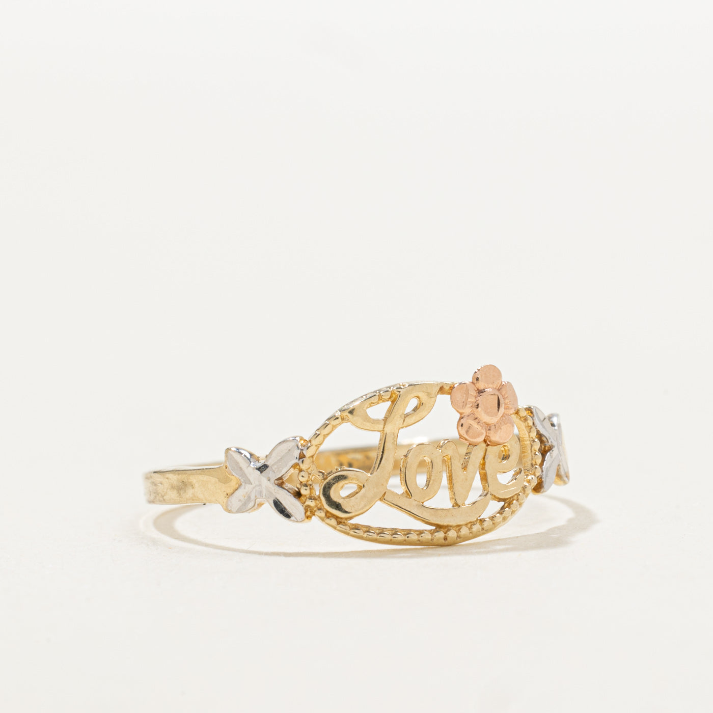 10K Tri Tone Gold Floral "Love" Ring | SZ 7.25