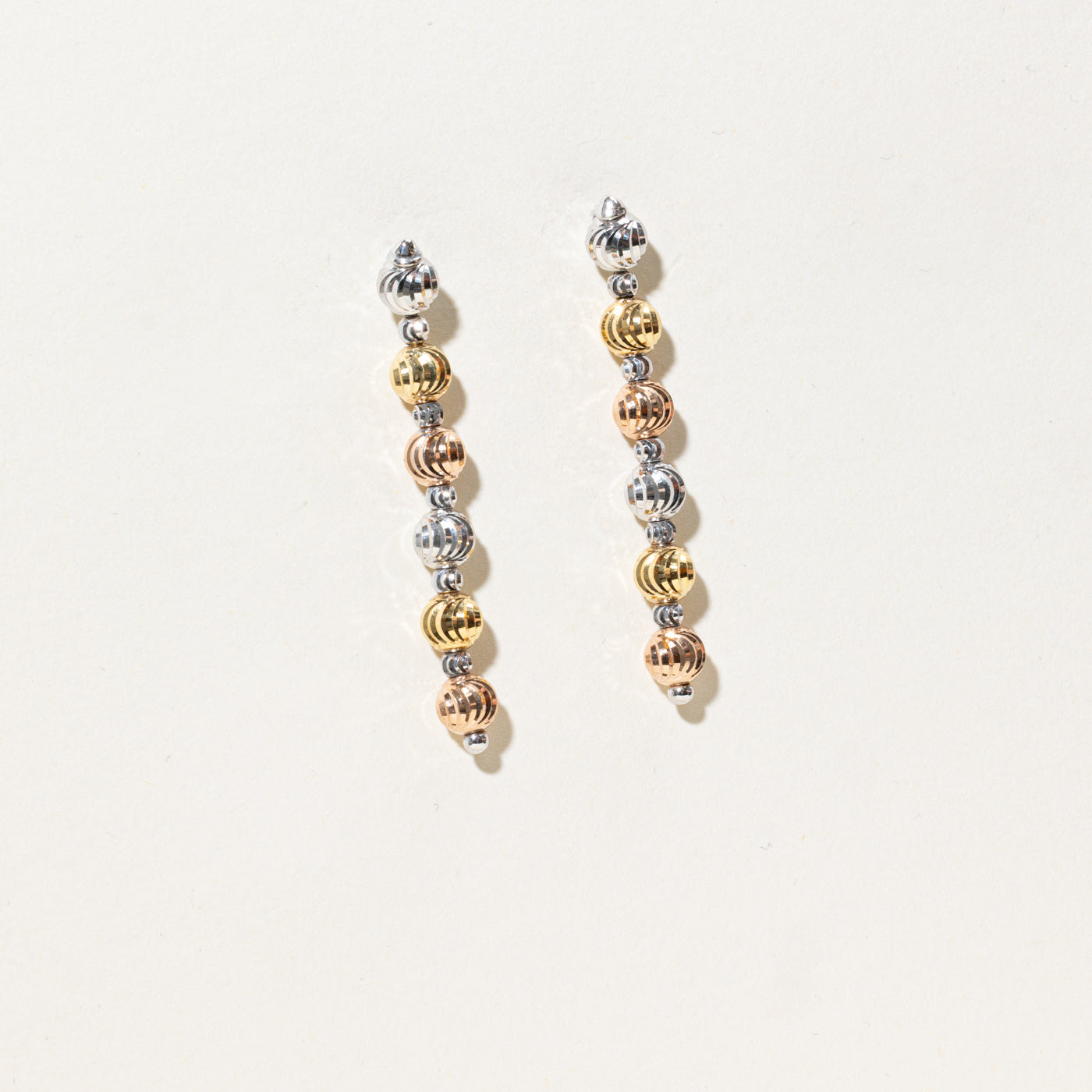 Tri Tone Gold Grooved Bead Drop Earrings