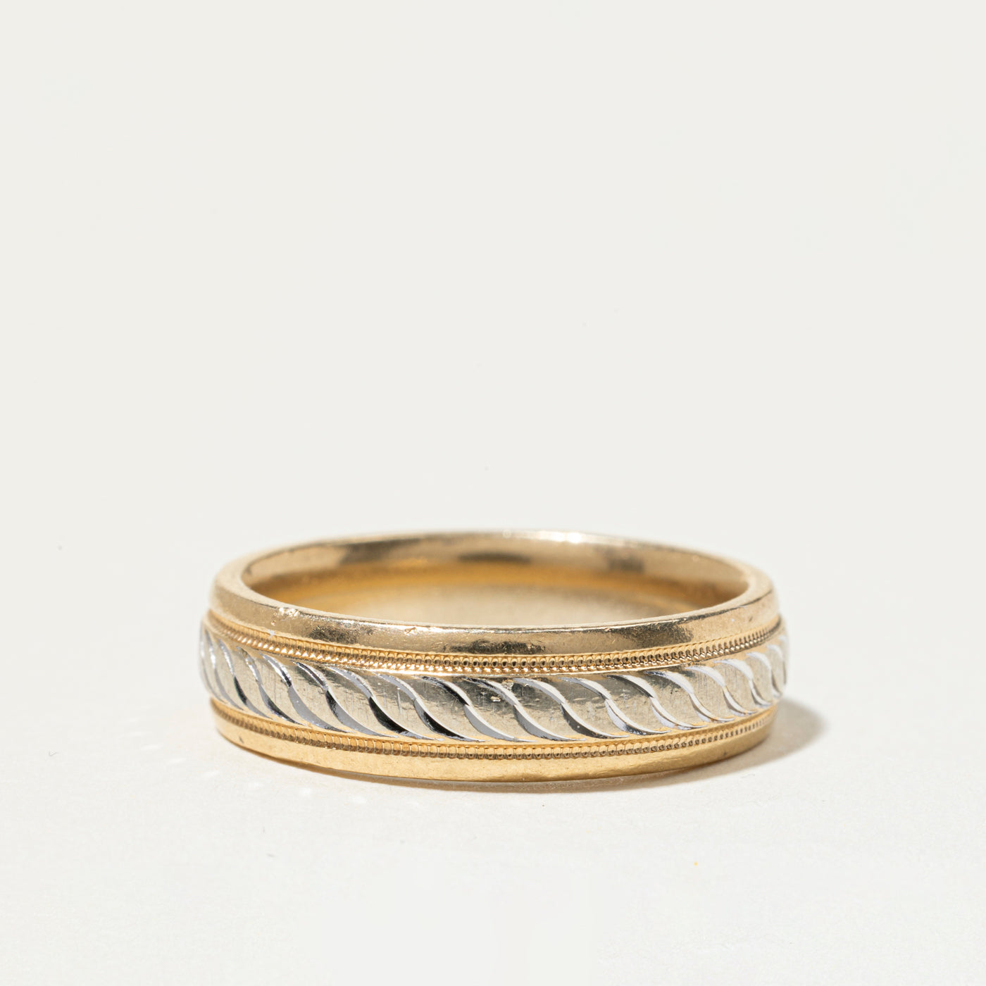14k Two Tone Gold Milgrain Grooved Band | 6mm | SZ 8.5
