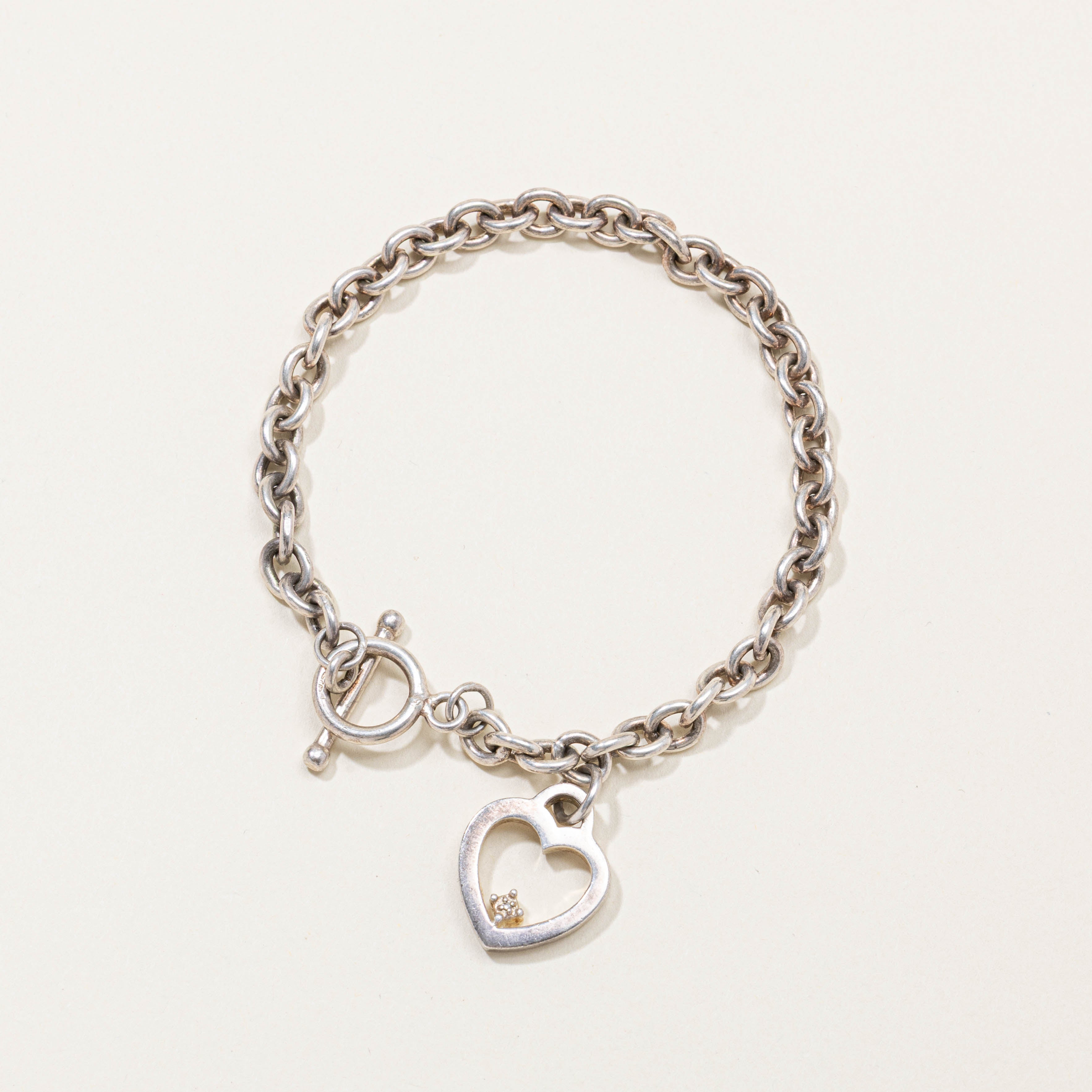 Sterling Silver Diamond Heart Charm Chain Bracelet | 8"