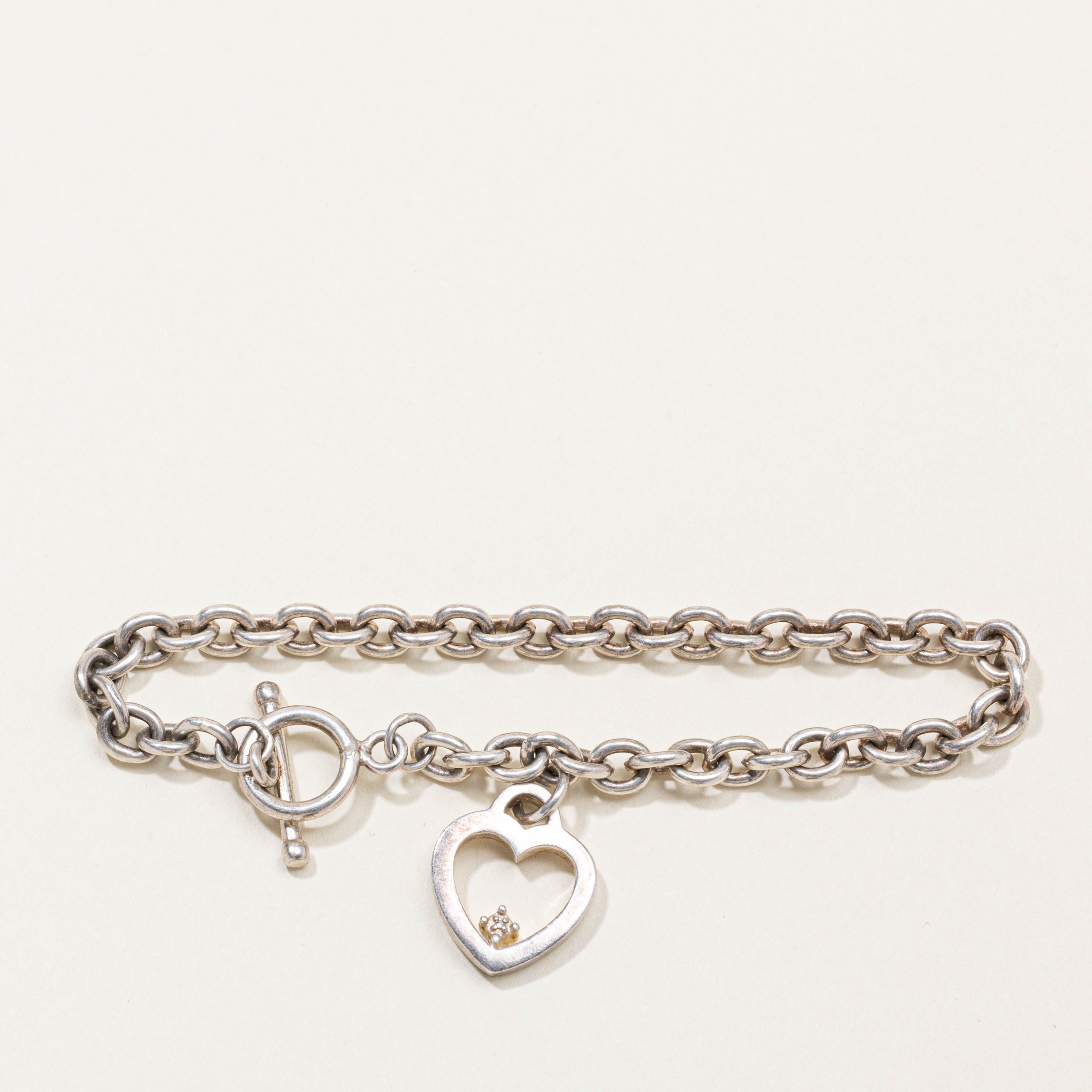 Sterling Silver Diamond Heart Charm Chain Bracelet | 8"