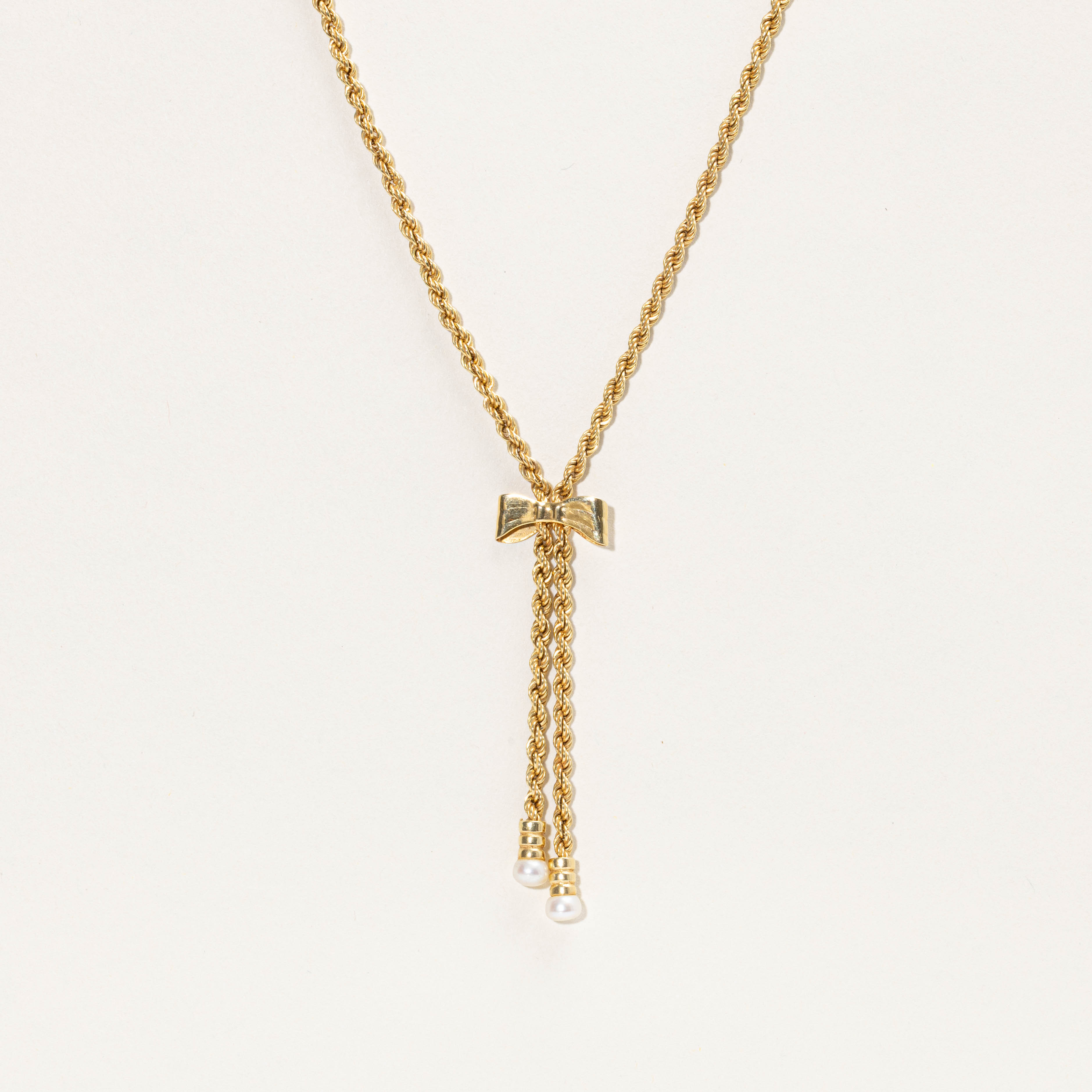 14k Pearl Bow Rope Lariat Necklace | 17"