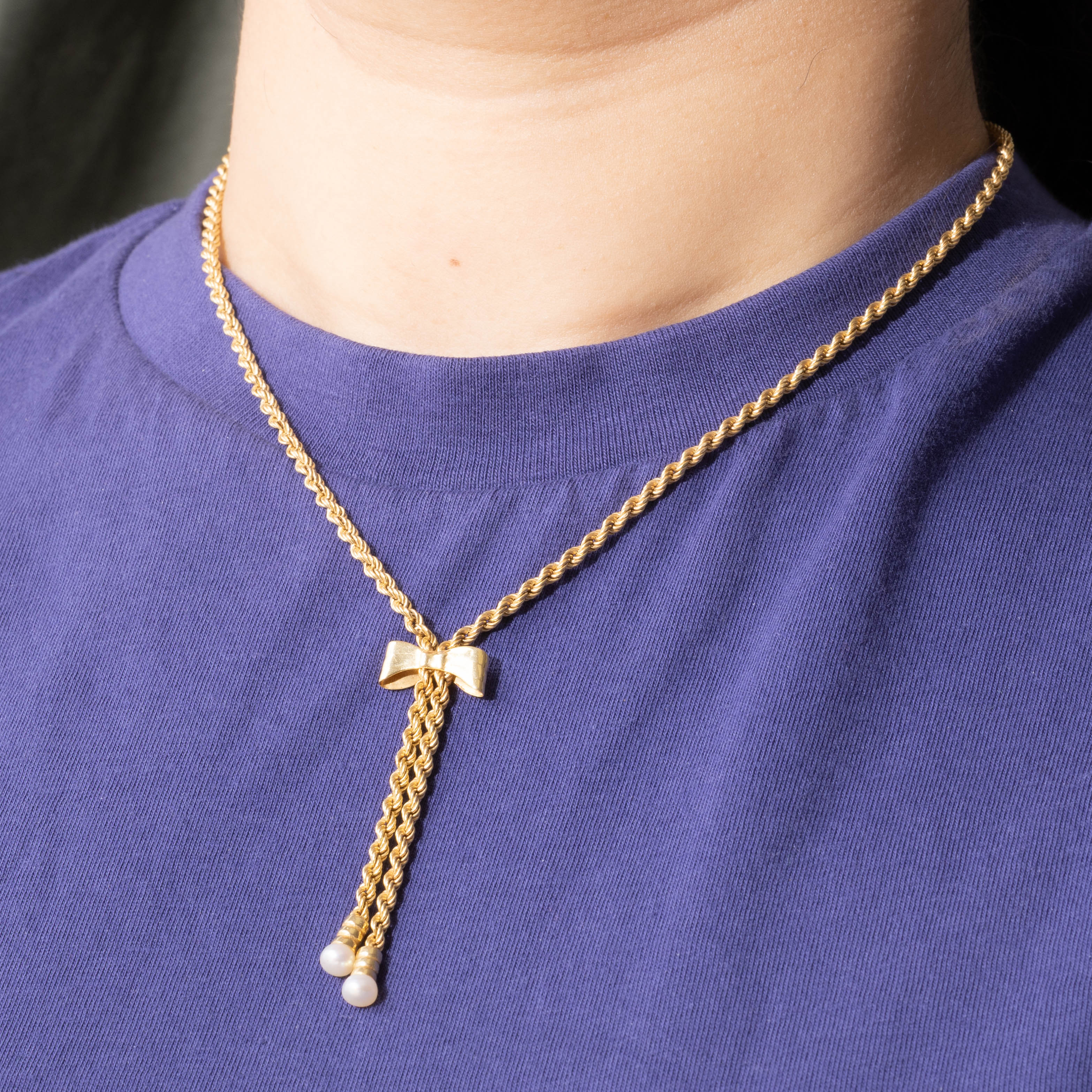 14k Pearl Bow Rope Lariat Necklace | 17"