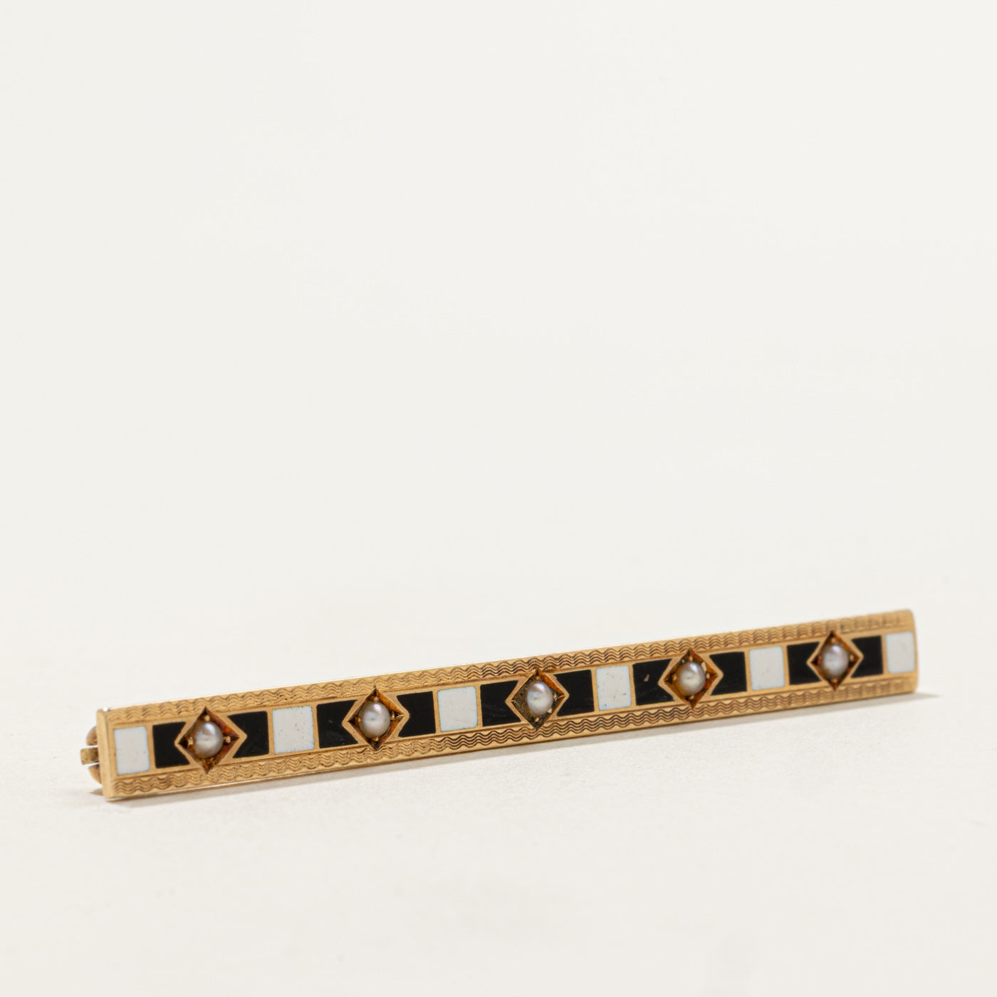 Edwardian Black & White Enamel & Seed Pearl Bar Brooch