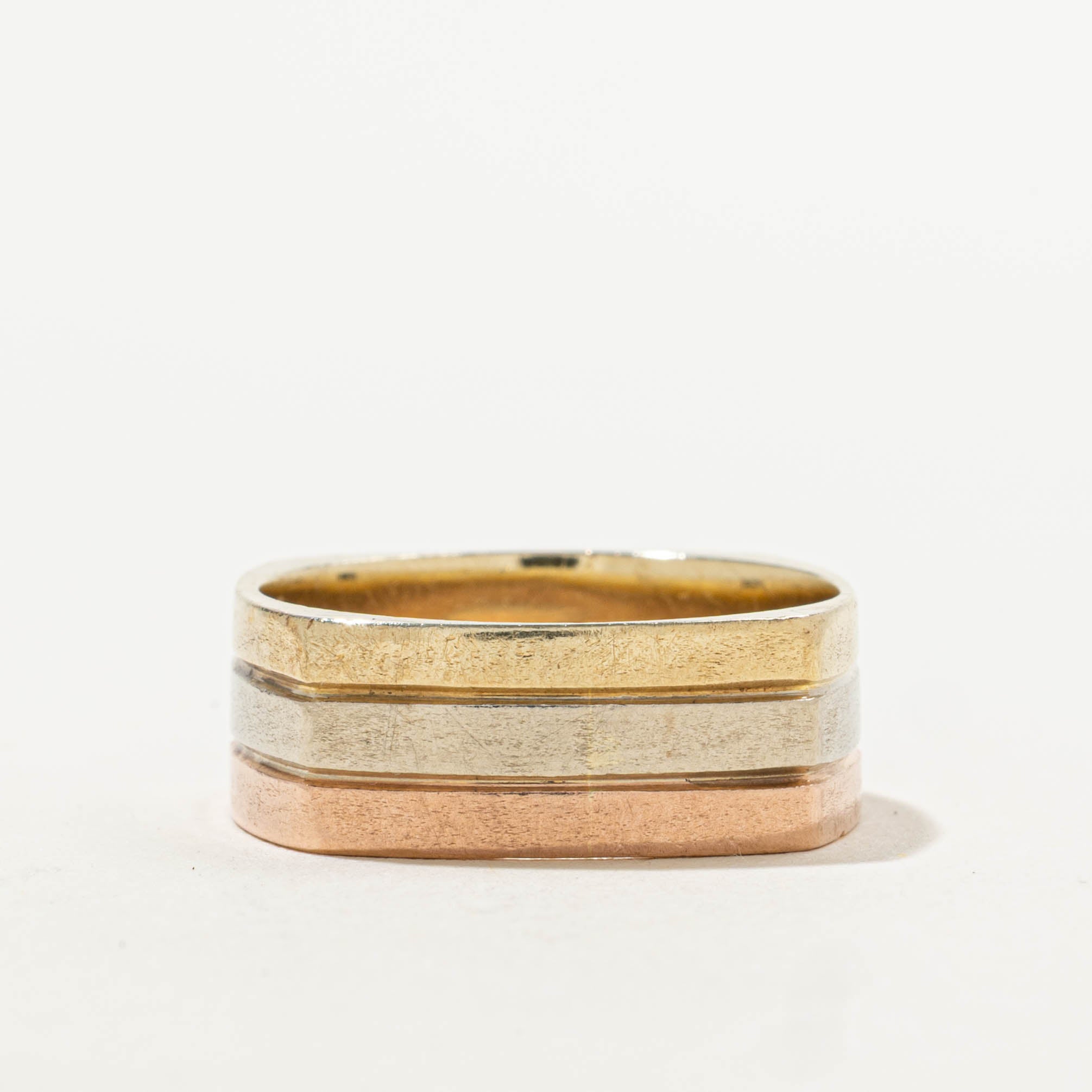 10k Tri-Tone Soft Square Grooved Band | 7.25mm | SZ 8.25