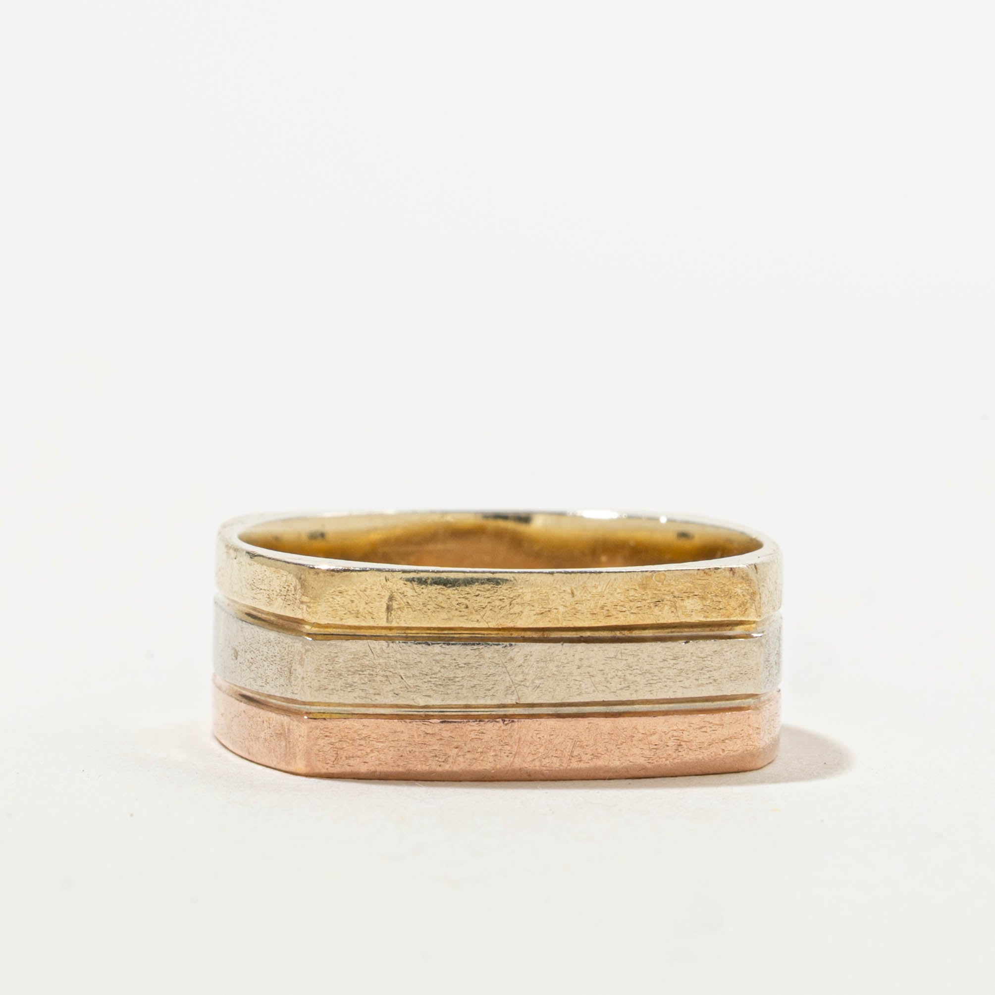 10k Tri-Tone Soft Square Grooved Band | 7.25mm | SZ 8.25
