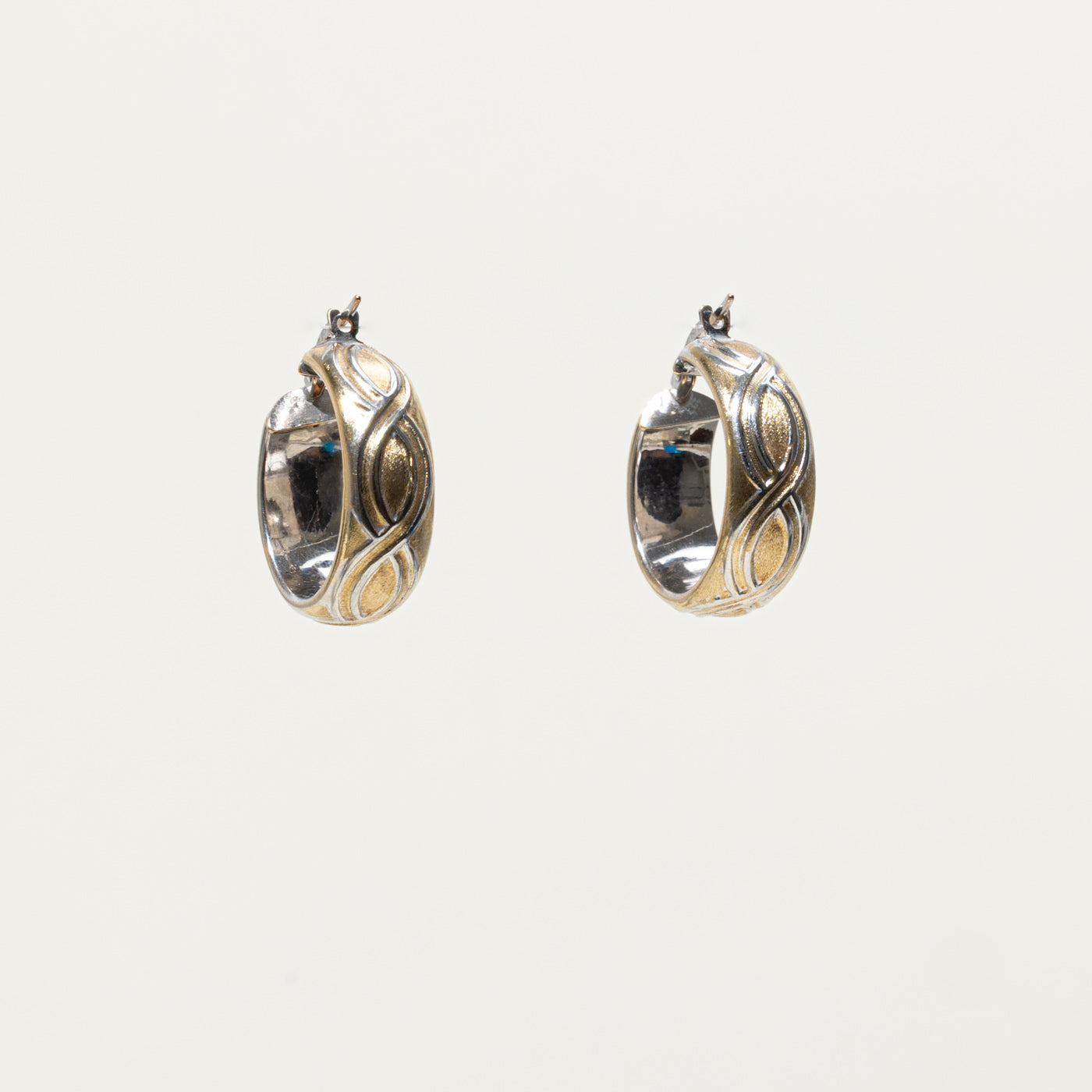 14k Two Tone Gold Wave Embossed Hoop Earrings