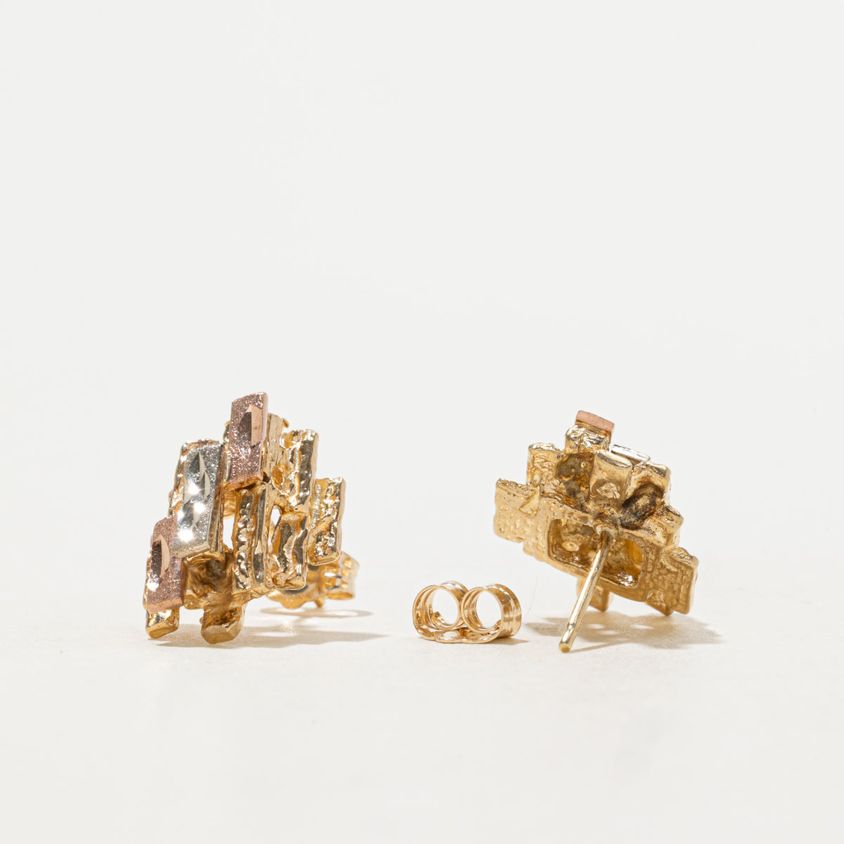 10k Tri Tone Gold Textured Abstract Stud Earrings