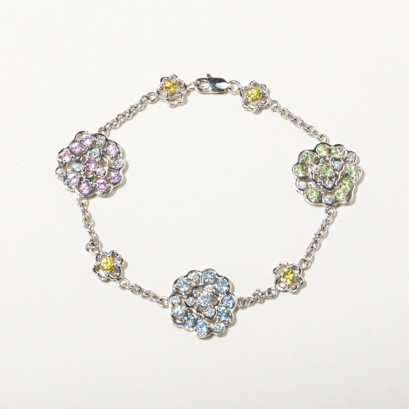 14k Multi Gemstone & Diamond Floral Cluster Bracelet | 1.84ctw, 0.45ctw | 6.5"